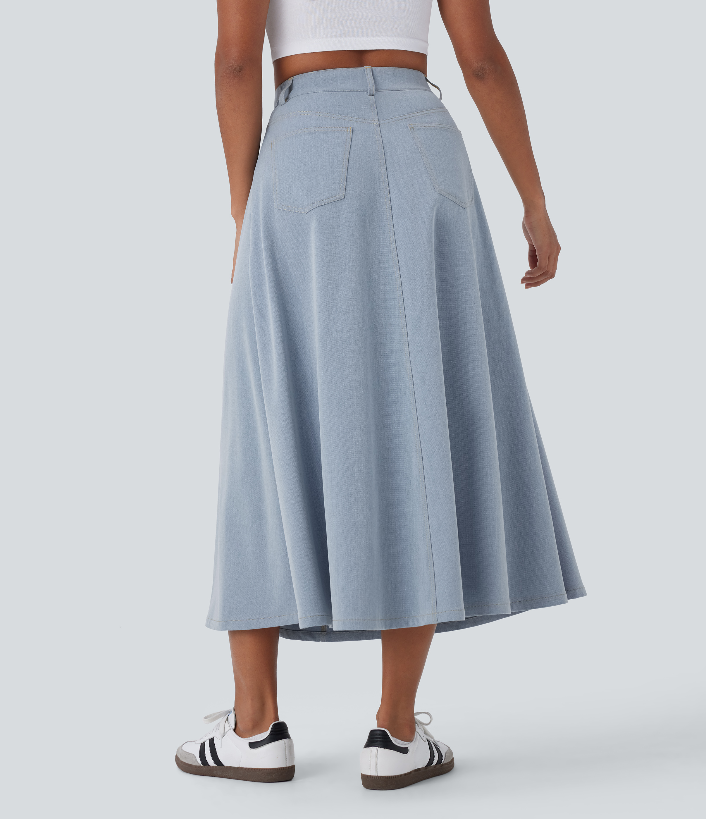 Halara High Waisted Multiple Pockets Midi Casual Flare Skirt  - Misty Rain Grey - S(regular) 