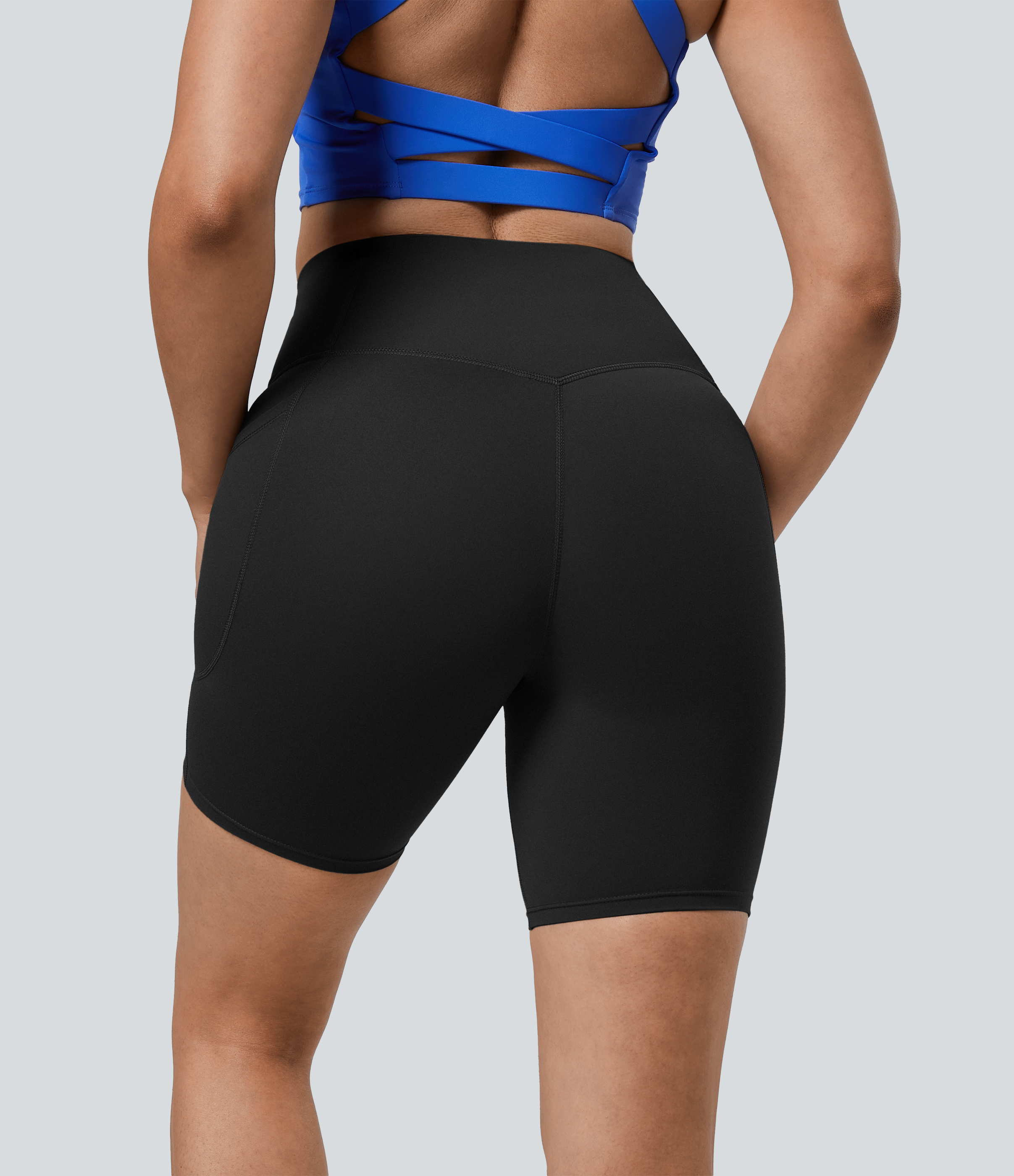 Halara SoCinched High Waisted Tummy Control Side Pocket Shaping Training Biker Shorts 7``  - Black - L biker shorts women black biker shorts 