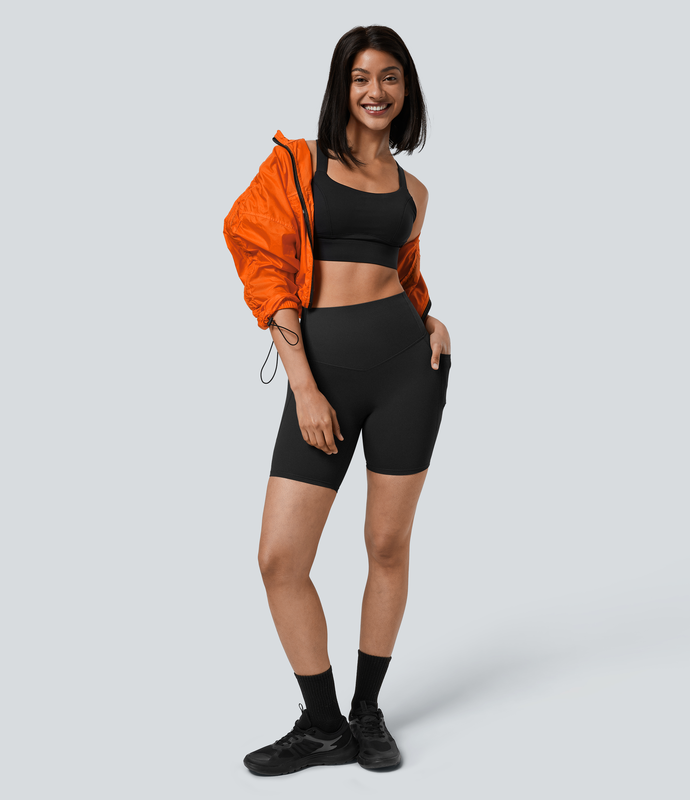 Halara SoCinched High Waisted Tummy Control Side Pocket Shaping Training Biker Shorts 7``  - Black - L biker shorts women black biker shorts 