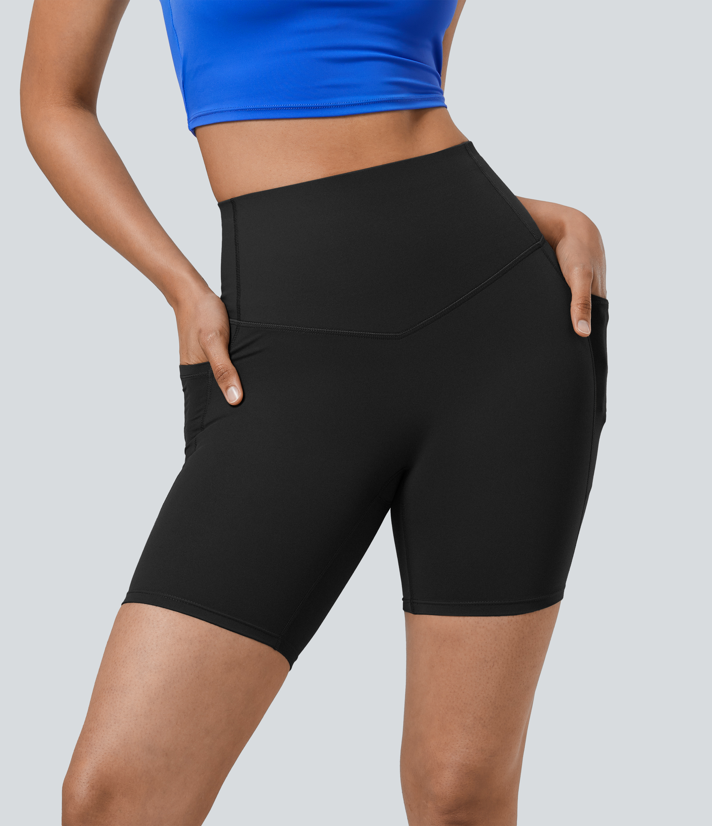 Halara SoCinched High Waisted Tummy Control Side Pocket Shaping Training Biker Shorts 7``  - Black - L biker shorts women black biker shorts 