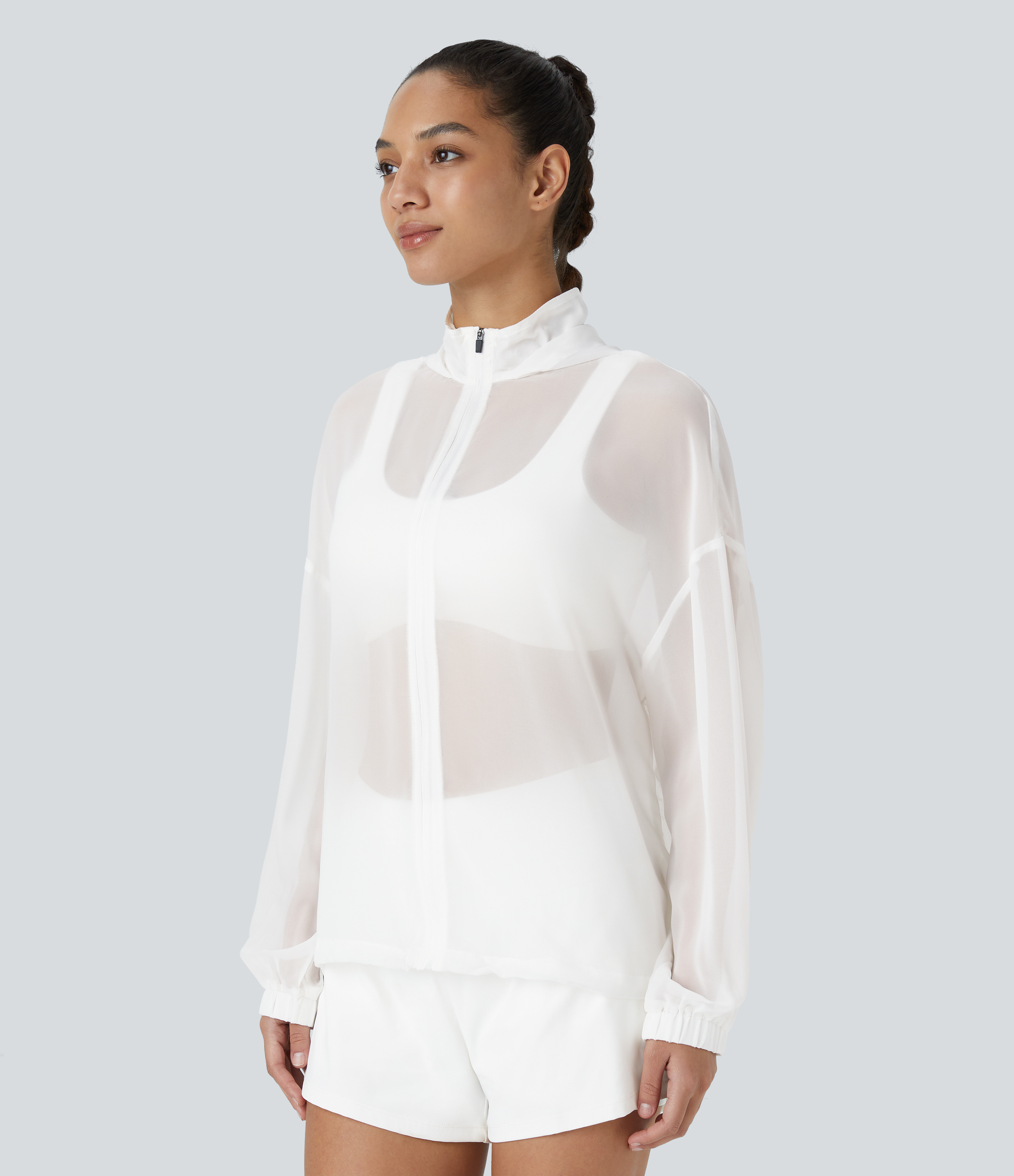 Halara Hooded Zipper Adjustable Drawcord Sheer Oversize Hiking Chiffon Jacket  - White - XS 