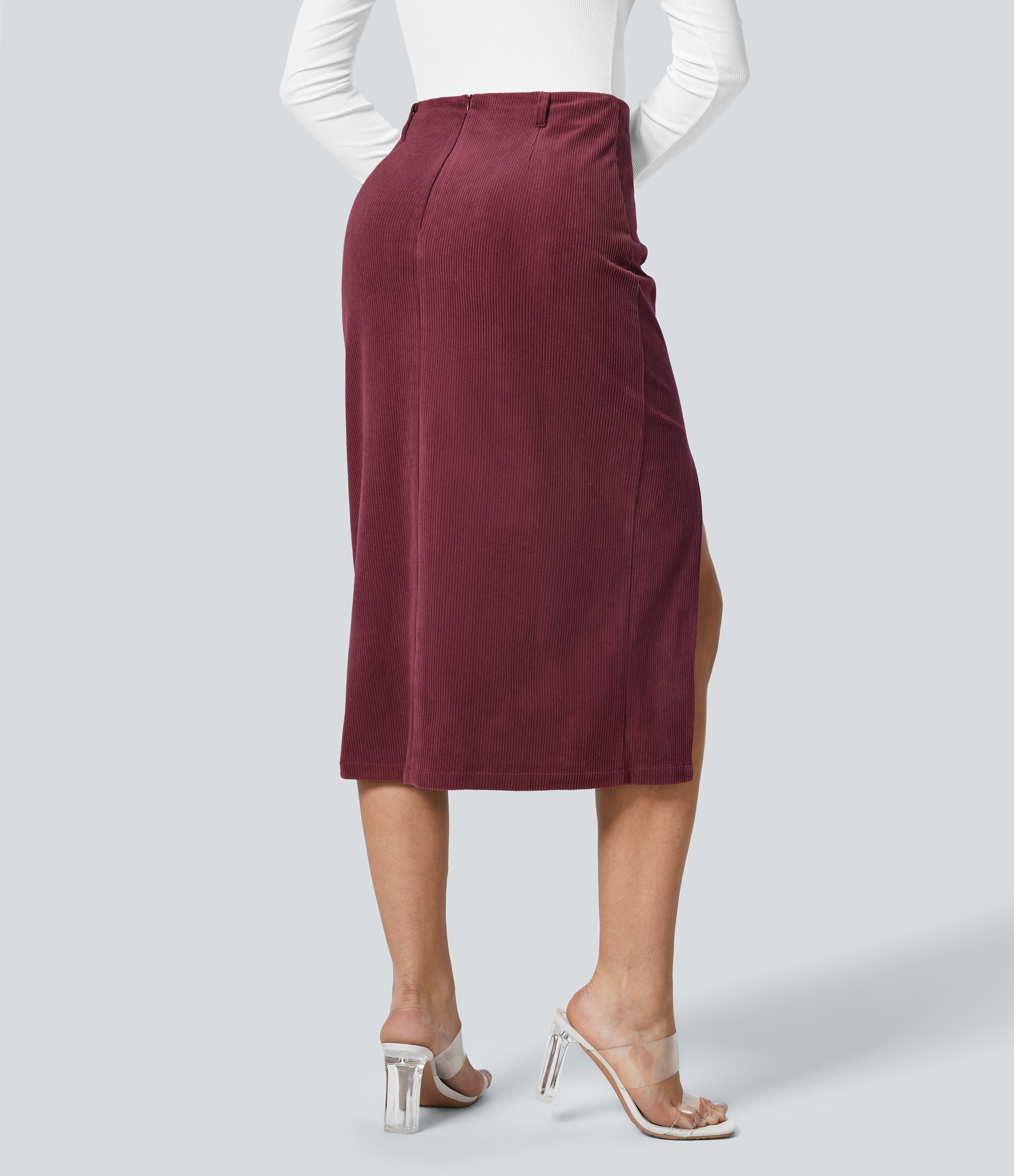 Halara High Waisted Invisible Zipper Split Hem Midi Corduroy Casual Skirt  - Pomegranate - M(regular) 