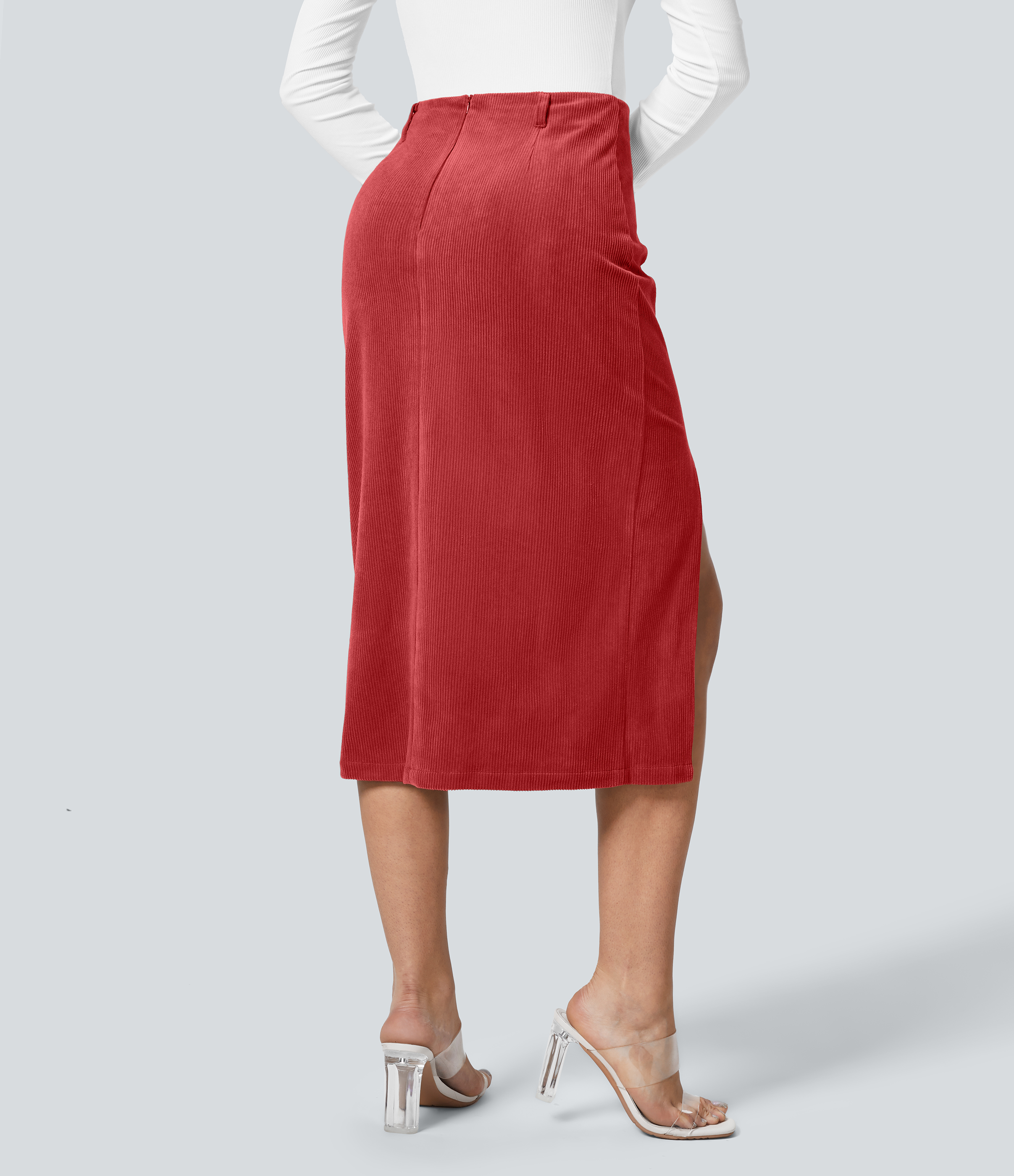 Halara High Waisted Invisible Zipper Split Hem Midi Corduroy Casual Skirt  - Pompeian Red - XL(regular) 