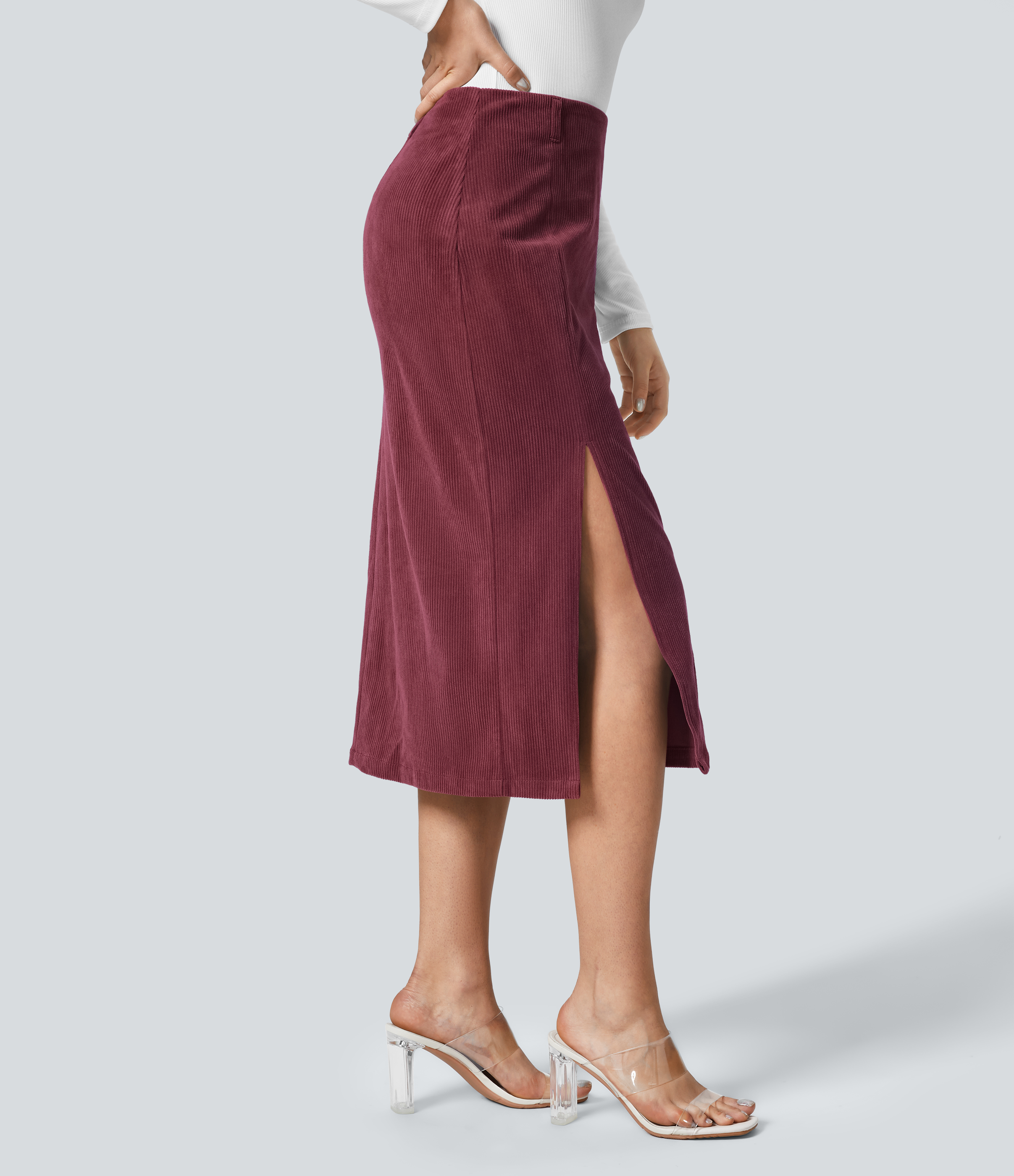 Halara High Waisted Invisible Zipper Split Hem Midi Corduroy Casual Skirt  - Pomegranate - M(regular) 