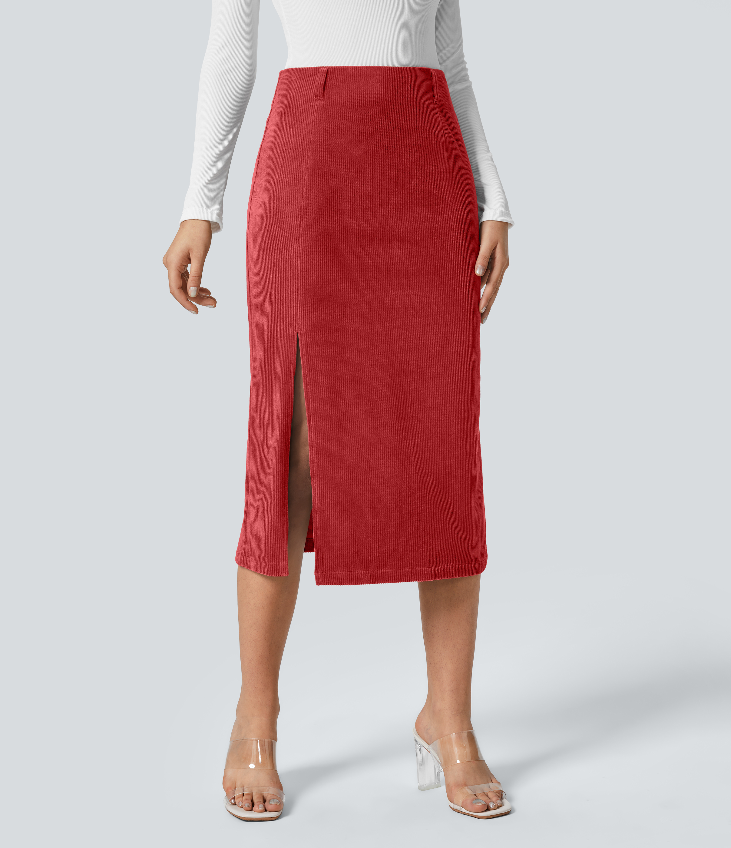 Halara High Waisted Invisible Zipper Split Hem Midi Corduroy Casual Skirt  - Pompeian Red - XL(regular) 