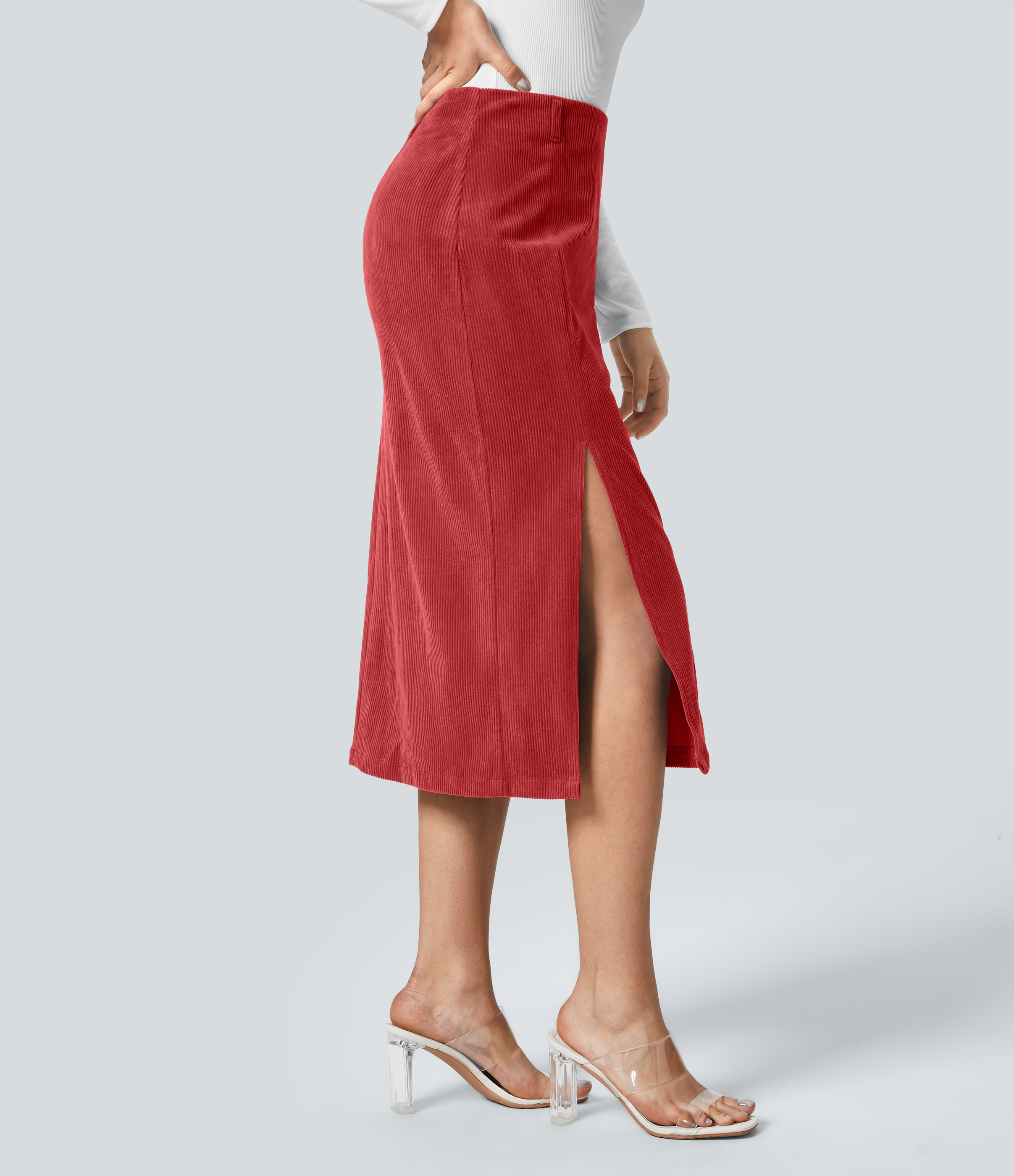 Halara High Waisted Invisible Zipper Split Hem Midi Corduroy Casual Skirt  - Pompeian Red - XL(regular) 