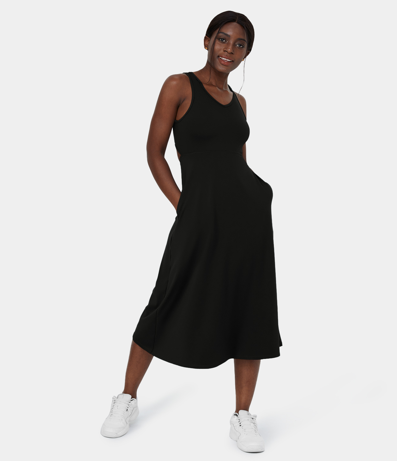 Halara V Neck Side Pocket Cut Out Midi Casual Dress Casual Dress - Black - XS slip dress beach dress ruched dress halter dress exercise dress 
