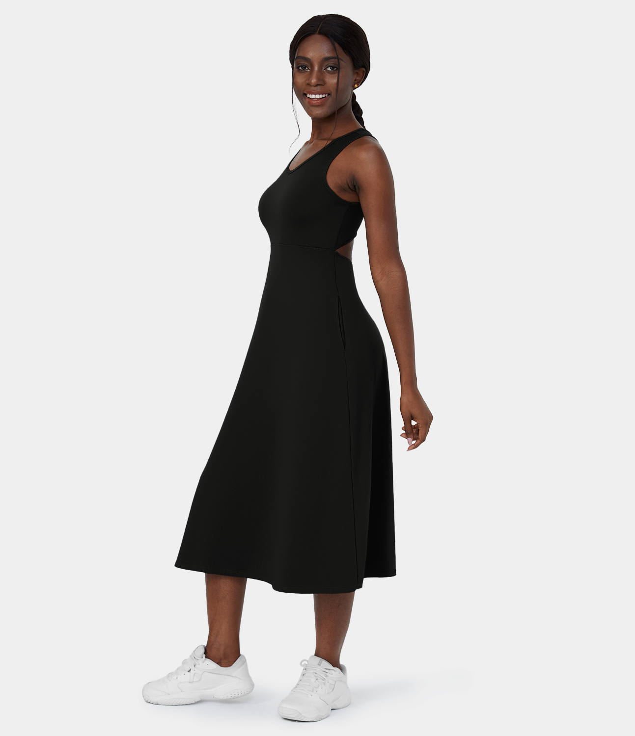 Halara V Neck Side Pocket Cut Out Midi Casual Dress Casual Dress - Black - XS slip dress beach dress ruched dress halter dress exercise dress 