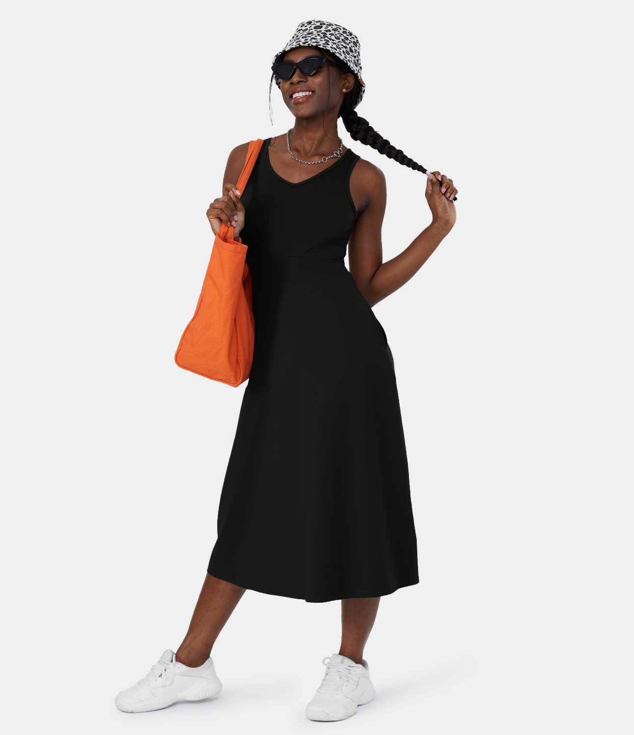 Halara V Neck Side Pocket Cut Out Midi Casual Dress Casual Dress - Black - XS slip dress beach dress ruched dress halter dress exercise dress 