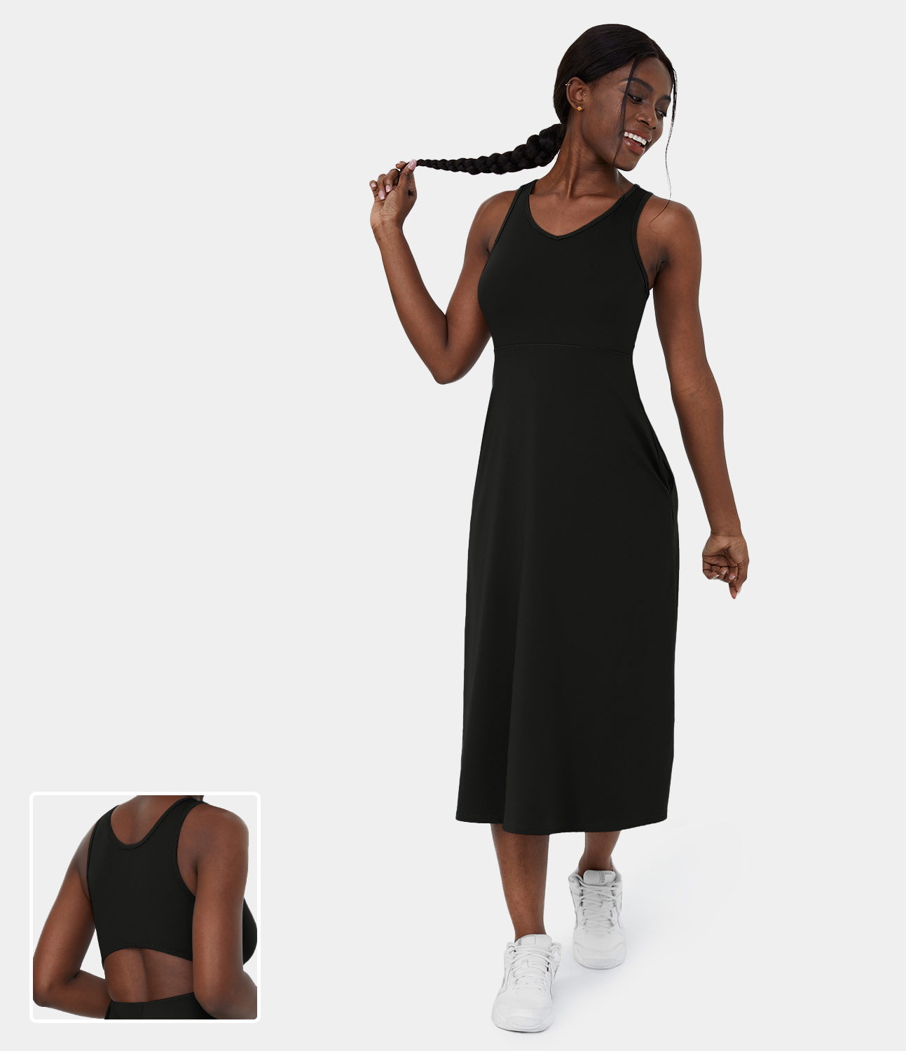 Halara V Neck Side Pocket Cut Out Midi Casual Dress Casual Dress - Black - XS slip dress beach dress ruched dress halter dress exercise dress 