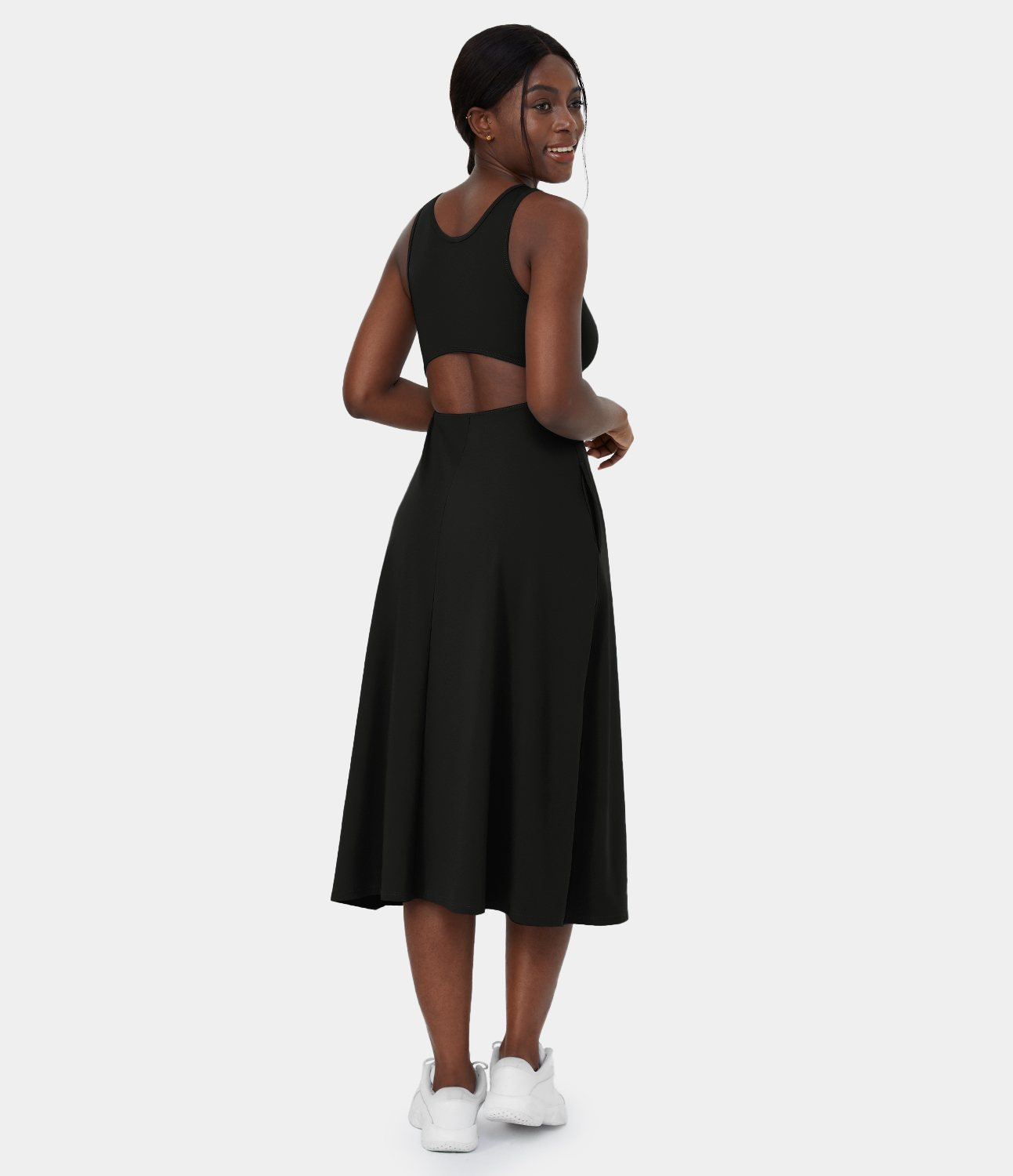 Halara V Neck Side Pocket Cut Out Midi Casual Dress Casual Dress - Black - XS slip dress beach dress ruched dress halter dress exercise dress 