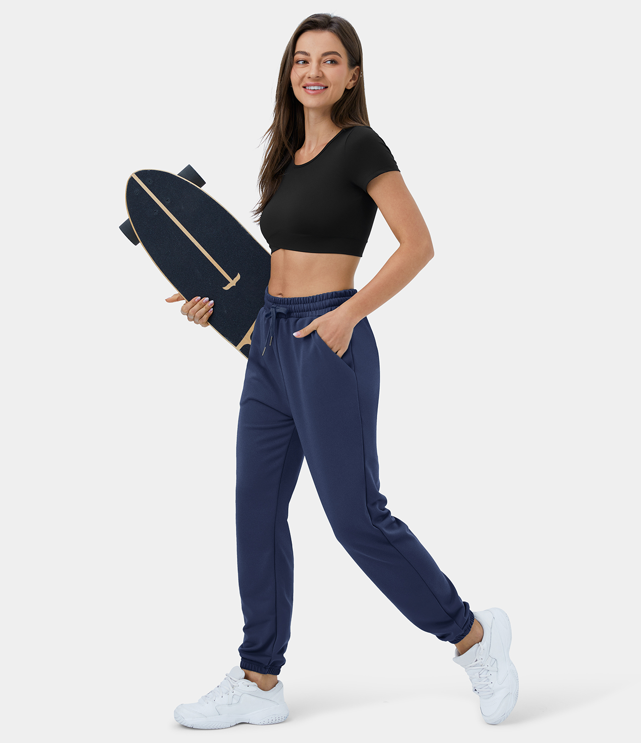 Halara High Waisted Drawstring Side Pocket Plain Casual Cotton Sweatpants  - Blueprint - L 