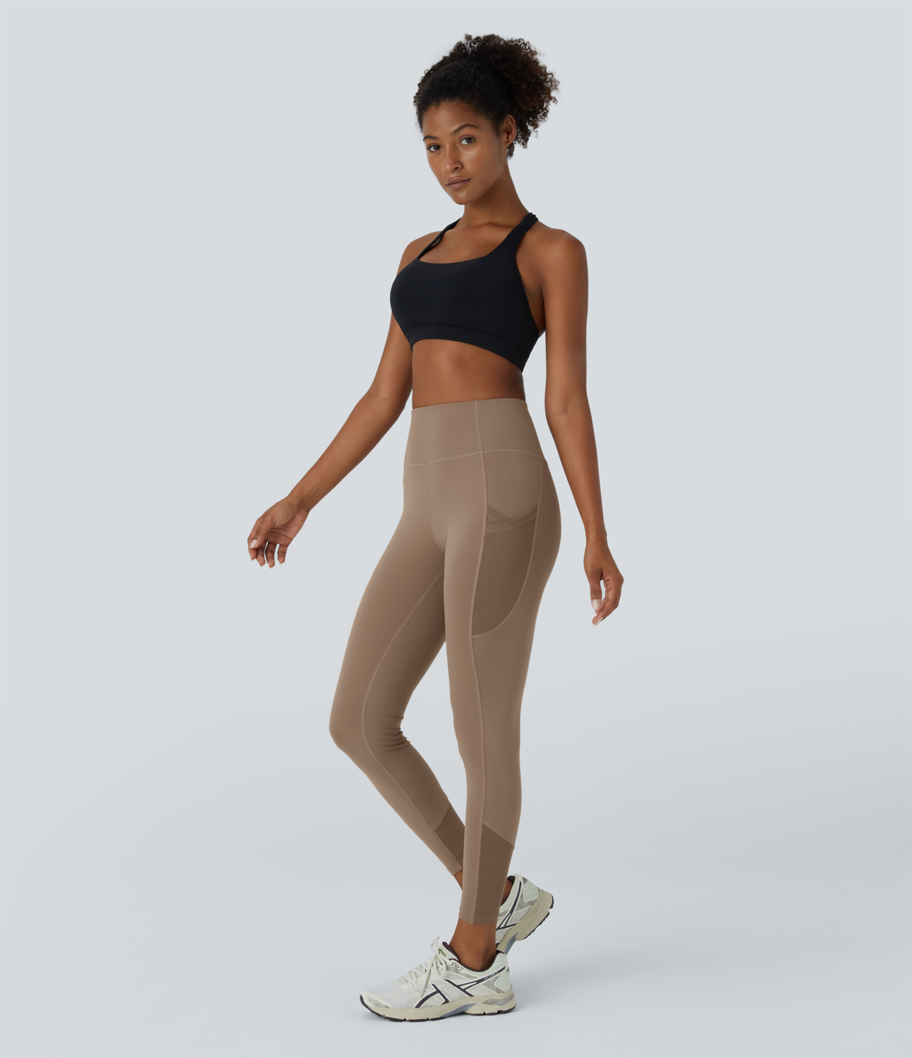 Halara High Waisted Side Crossover Pocket Contrast Mesh 7/8 Yoga Leggings  - Woodsmoke - L(7/8) gym leggings leggings with pockets 