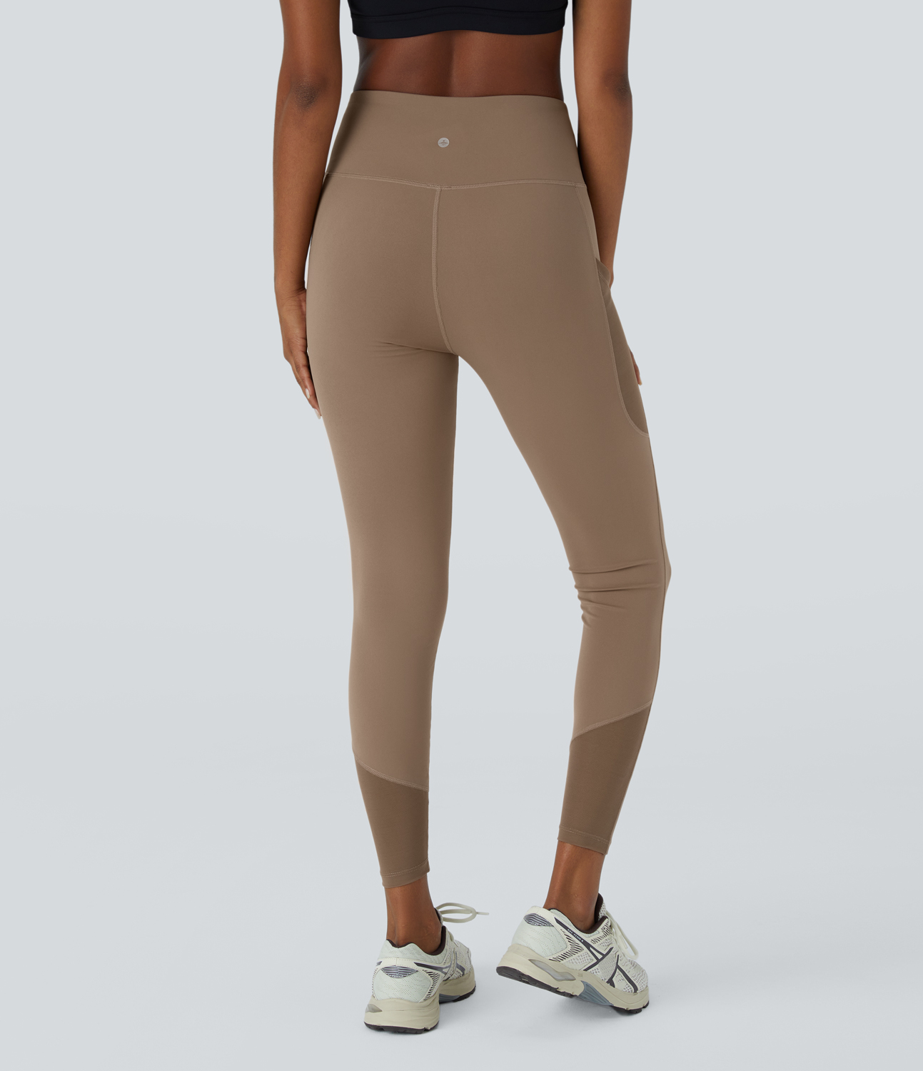 Halara High Waisted Side Crossover Pocket Contrast Mesh 7/8 Yoga Leggings  - Woodsmoke - L(7/8) gym leggings leggings with pockets 