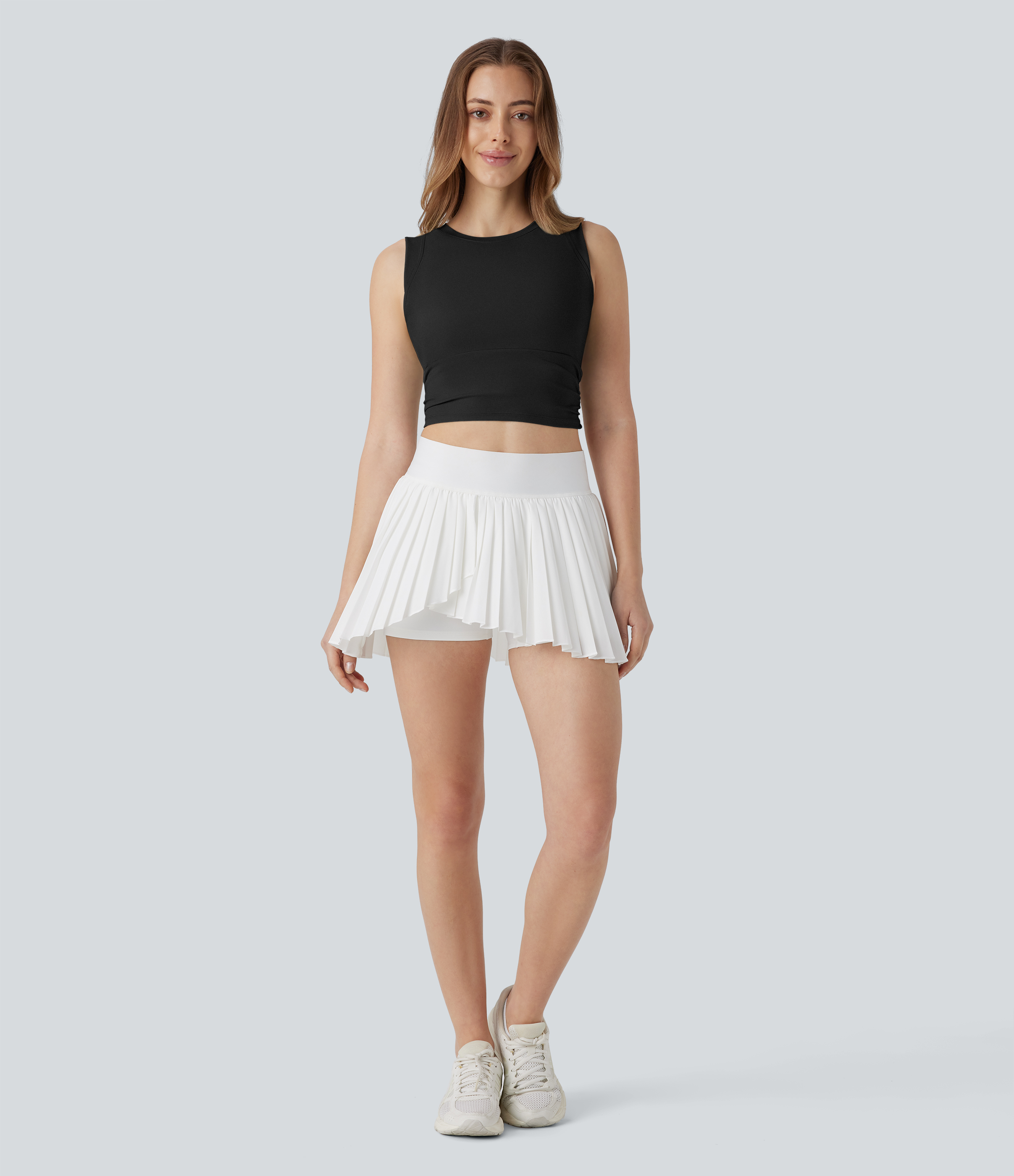 Halara Softlyzeroв„ў Airy Round Neck Ruched Cool Touch Cropped Tennis Tank Top Tank Top - Black - XS golf tops halter top tunic tops 