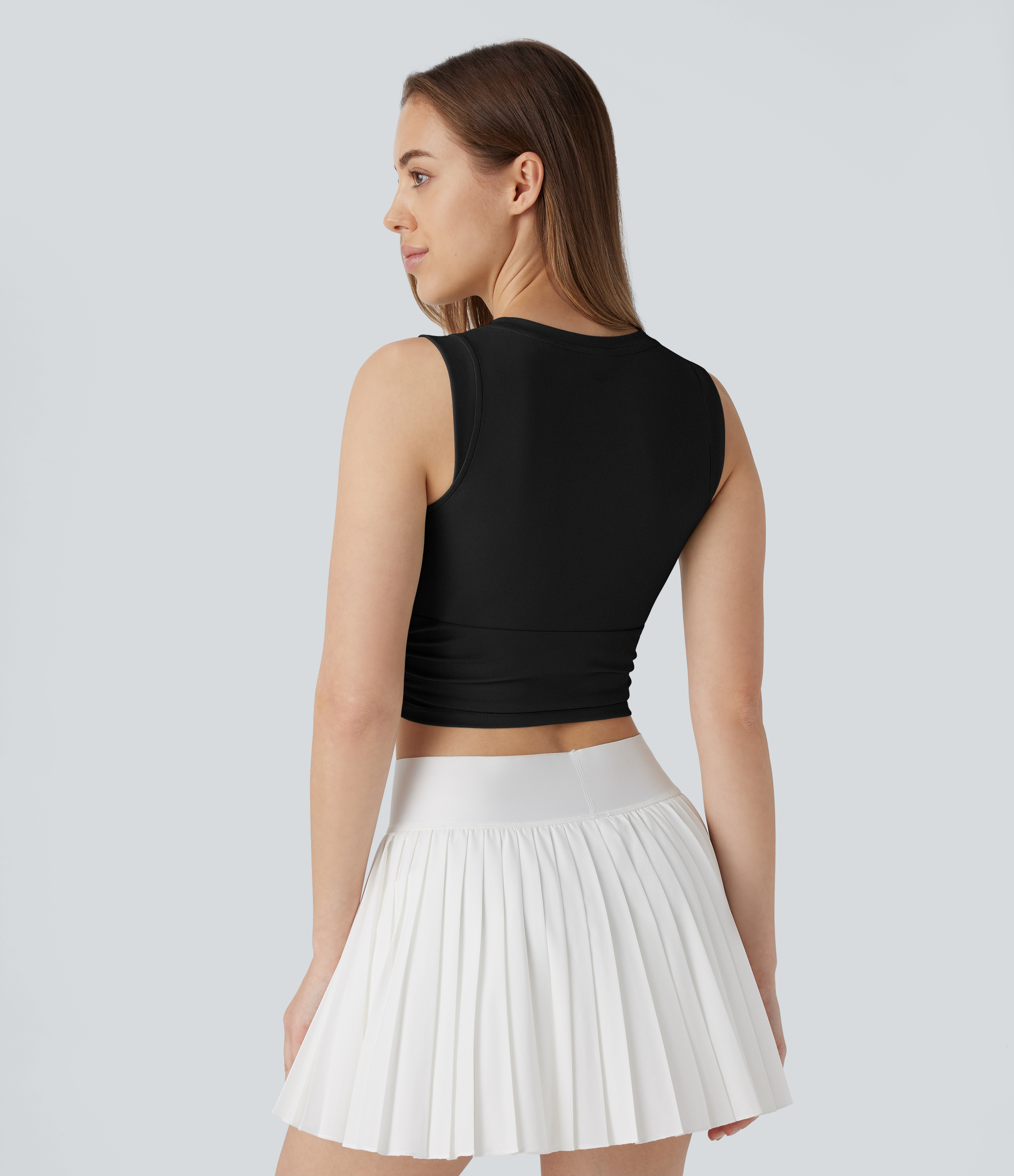 Halara Softlyzeroв„ў Airy Round Neck Ruched Cool Touch Cropped Tennis Tank Top Tank Top - Black - XS golf tops halter top tunic tops 