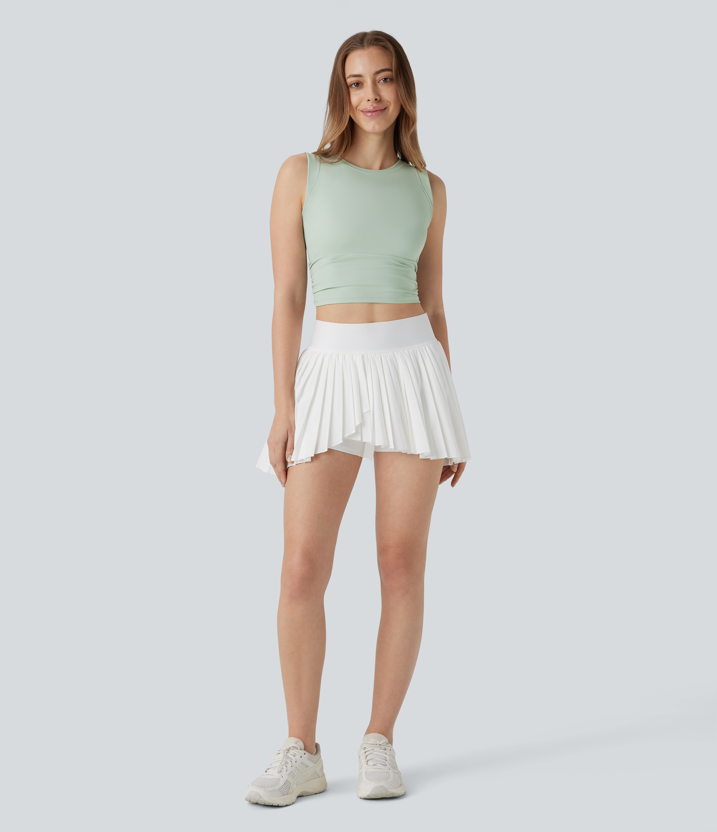 Halara Softlyzeroв„ў Airy Round Neck Ruched Cool Touch Cropped Tennis Tank Top Tank Top - Light Bean Green - XS golf tops halter top tunic tops 