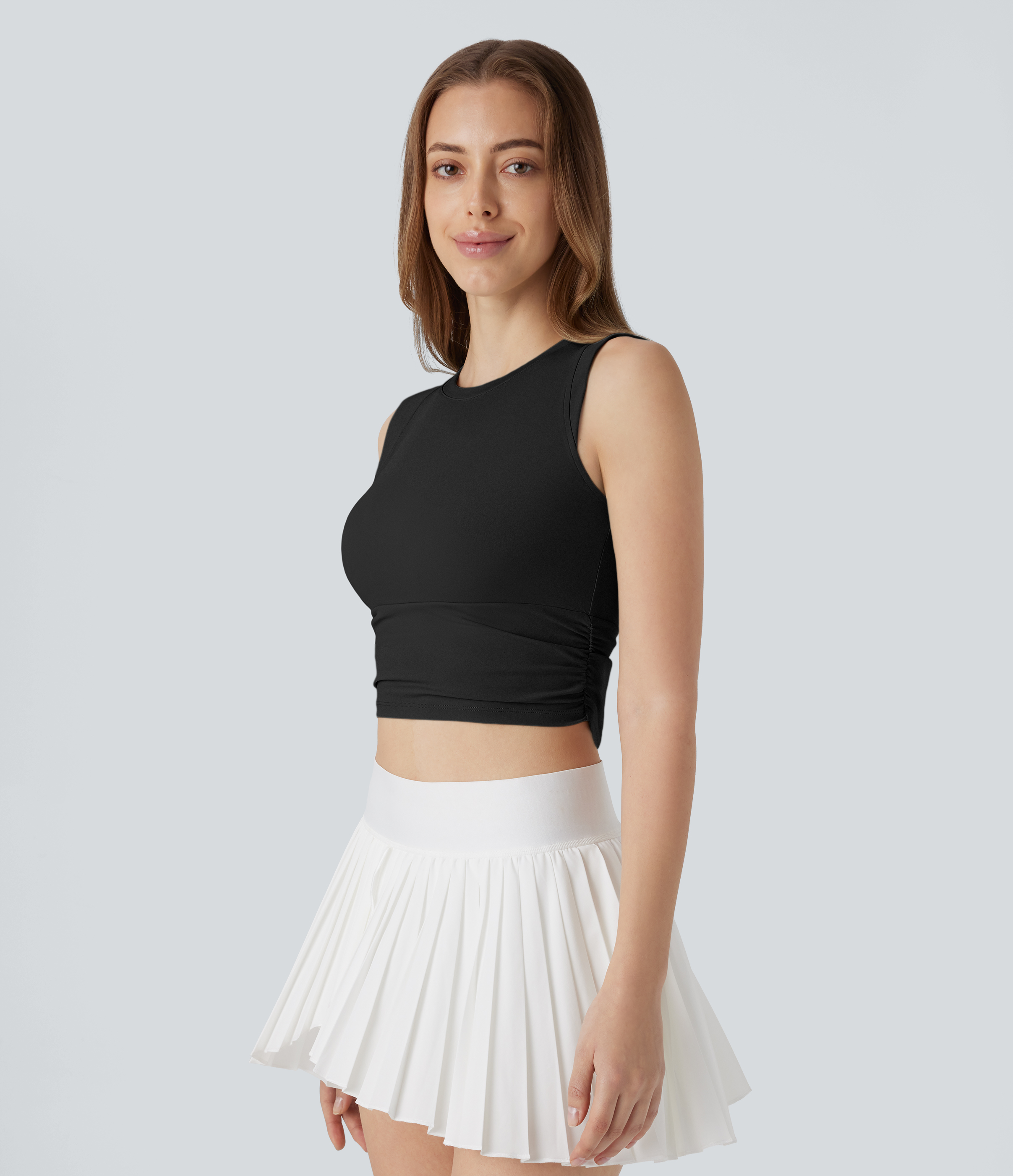 Halara Softlyzeroв„ў Airy Round Neck Ruched Cool Touch Cropped Tennis Tank Top Tank Top - Black - XS golf tops halter top tunic tops 
