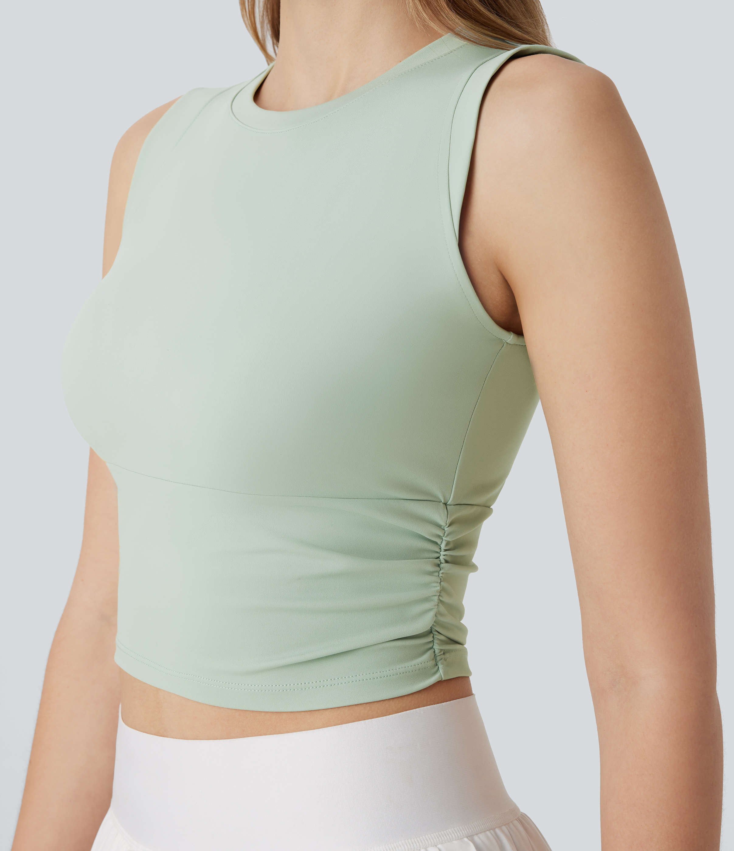 Halara Softlyzeroв„ў Airy Round Neck Ruched Cool Touch Cropped Tennis Tank Top Tank Top - Light Bean Green - XS golf tops halter top tunic tops 