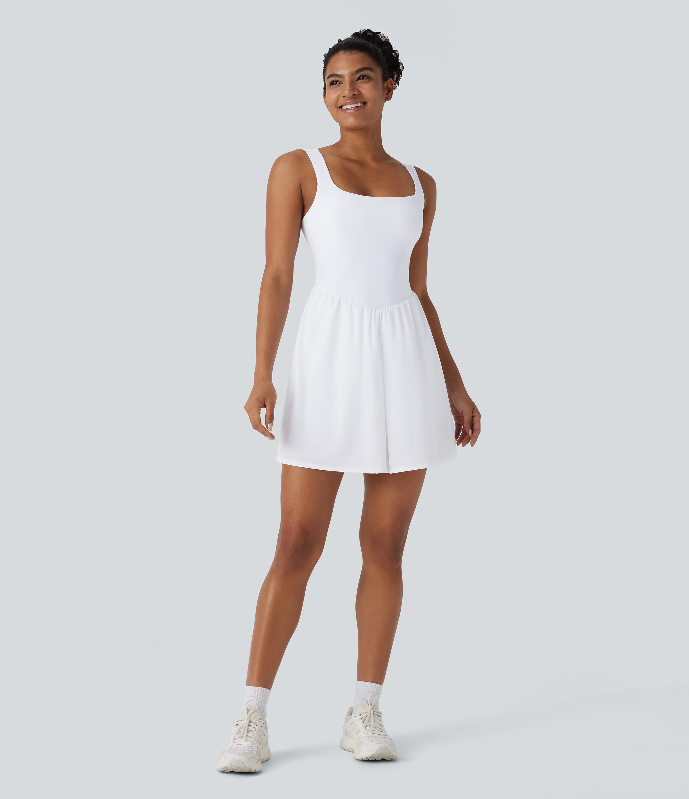 Halara Breezefulв„ў Square Neck Backless 2-in-1 Side Pocket Quick Dry Mini Yoga Active Dress Workout Dress - White - XS 