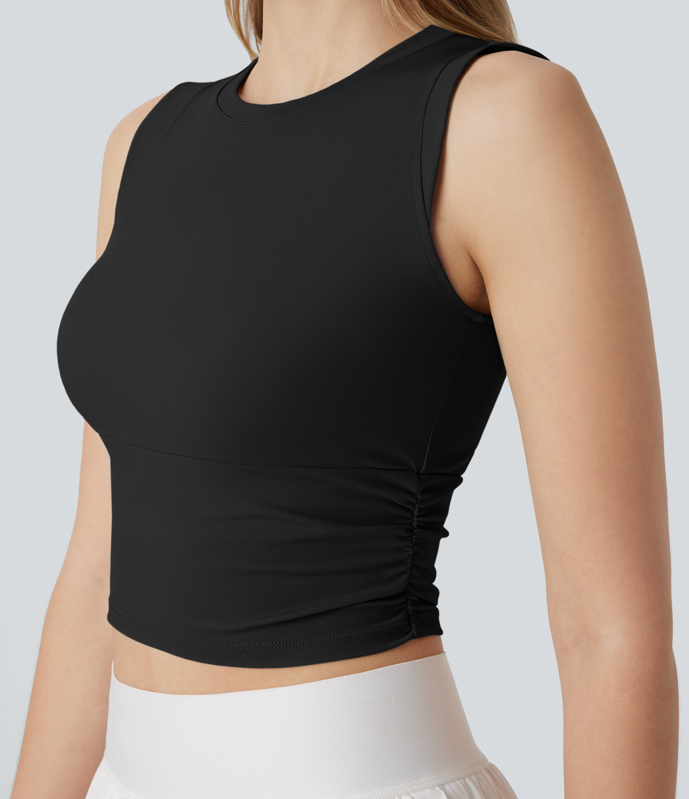 Halara Softlyzeroв„ў Airy Round Neck Ruched Cool Touch Cropped Tennis Tank Top Tank Top - Black - XS golf tops halter top tunic tops 