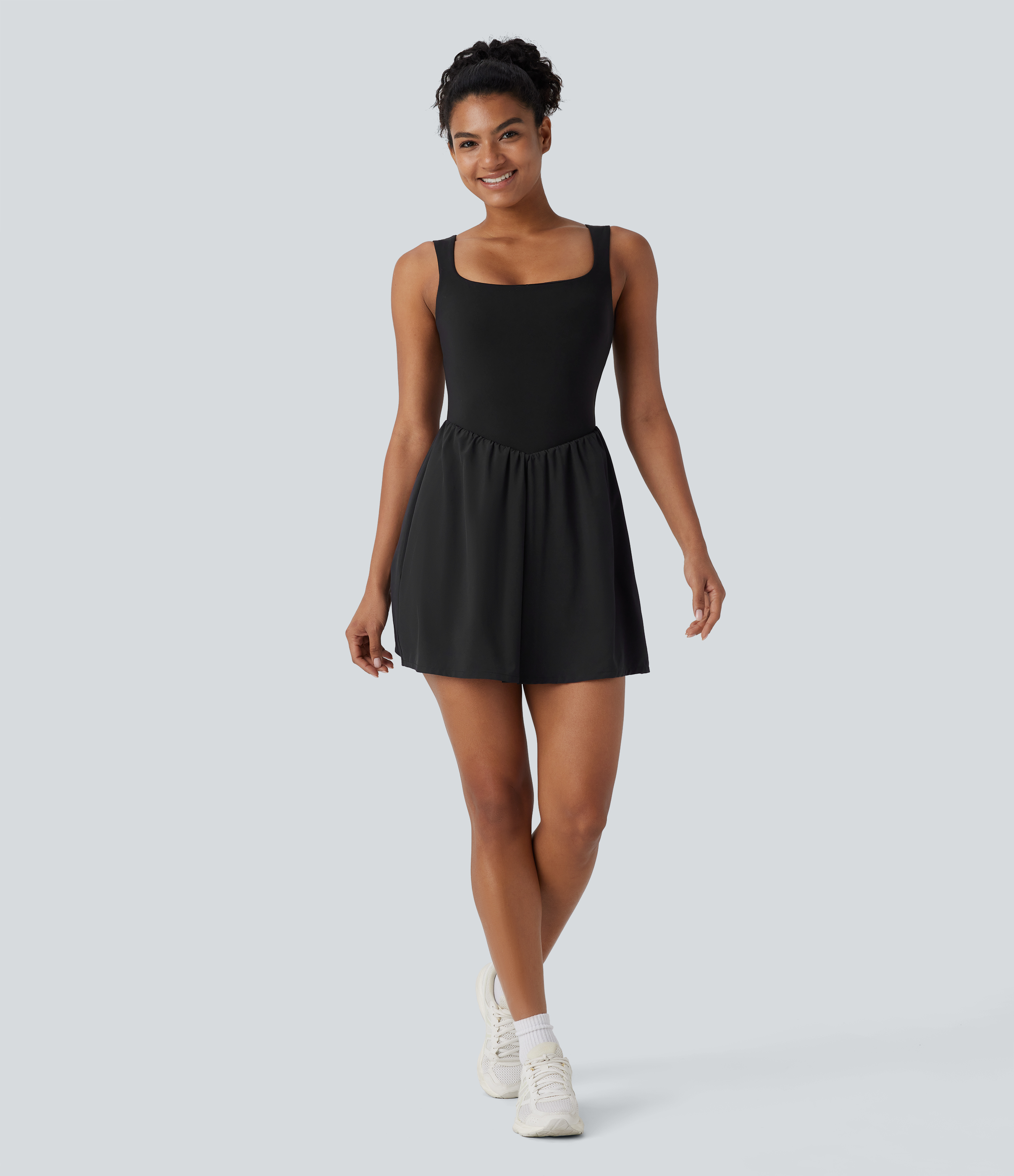 Halara Breezefulв„ў Square Neck Backless 2-in-1 Side Pocket Quick Dry Mini Yoga Active Dress Workout Dress - Black - L 