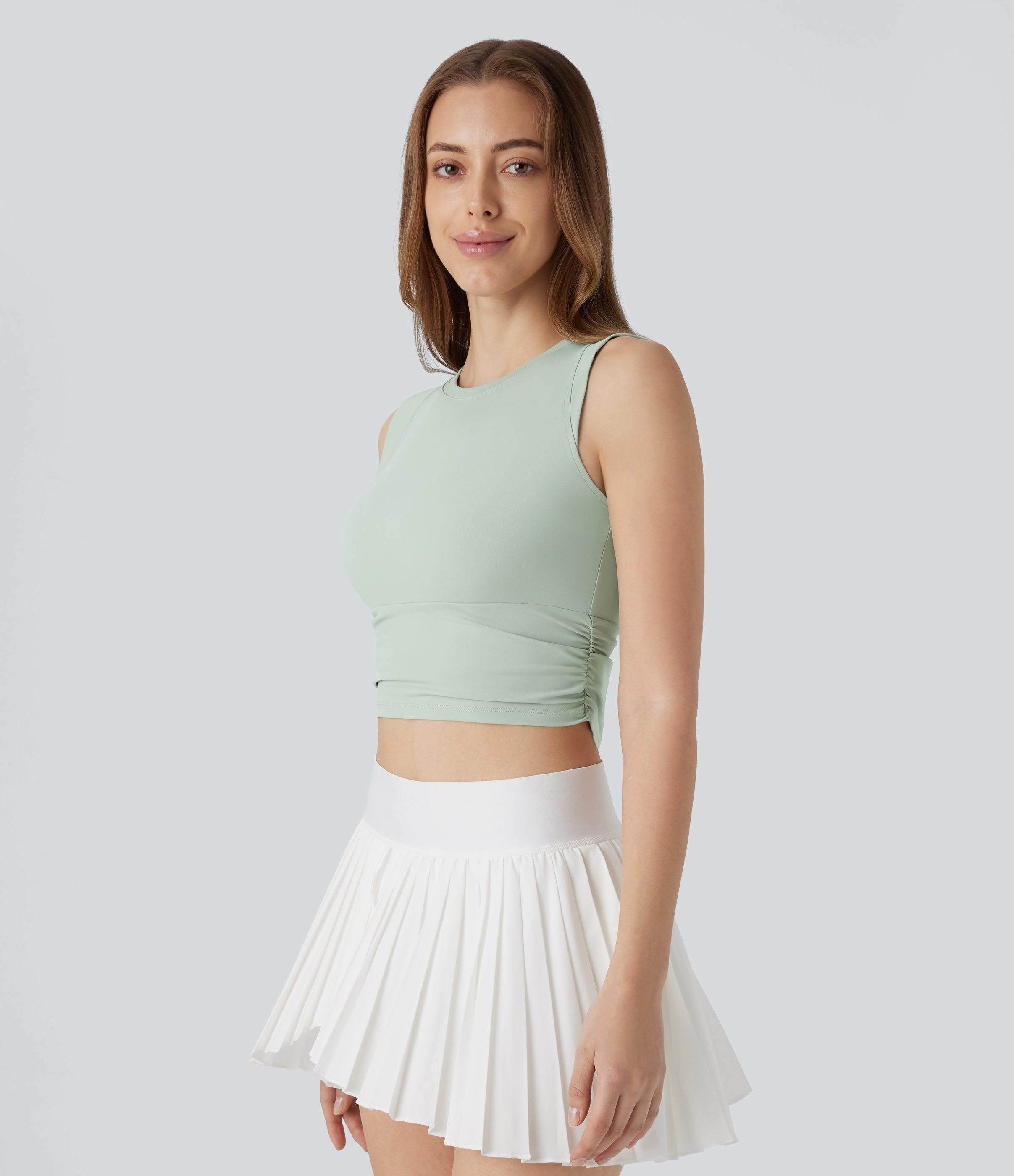Halara Softlyzeroв„ў Airy Round Neck Ruched Cool Touch Cropped Tennis Tank Top Tank Top - Light Bean Green - XS golf tops halter top tunic tops 