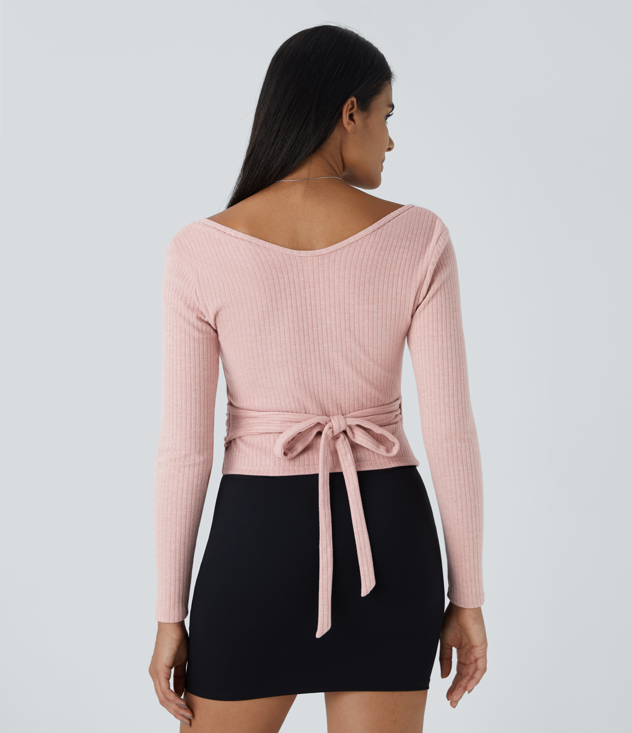 Halara Ribbed Knit V Neck Wrapped Tie Side Long Sleeve Casual Sweater  - Peachskin - S 