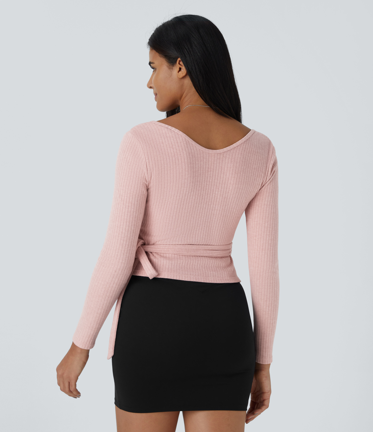 Halara Ribbed Knit V Neck Wrapped Tie Side Long Sleeve Casual Sweater  - Peachskin - S 