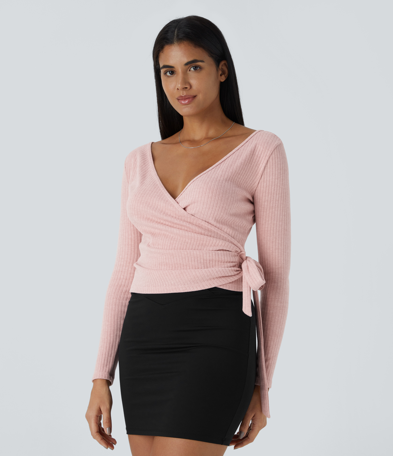 Halara Ribbed Knit V Neck Wrapped Tie Side Long Sleeve Casual Sweater  - Peachskin - S 