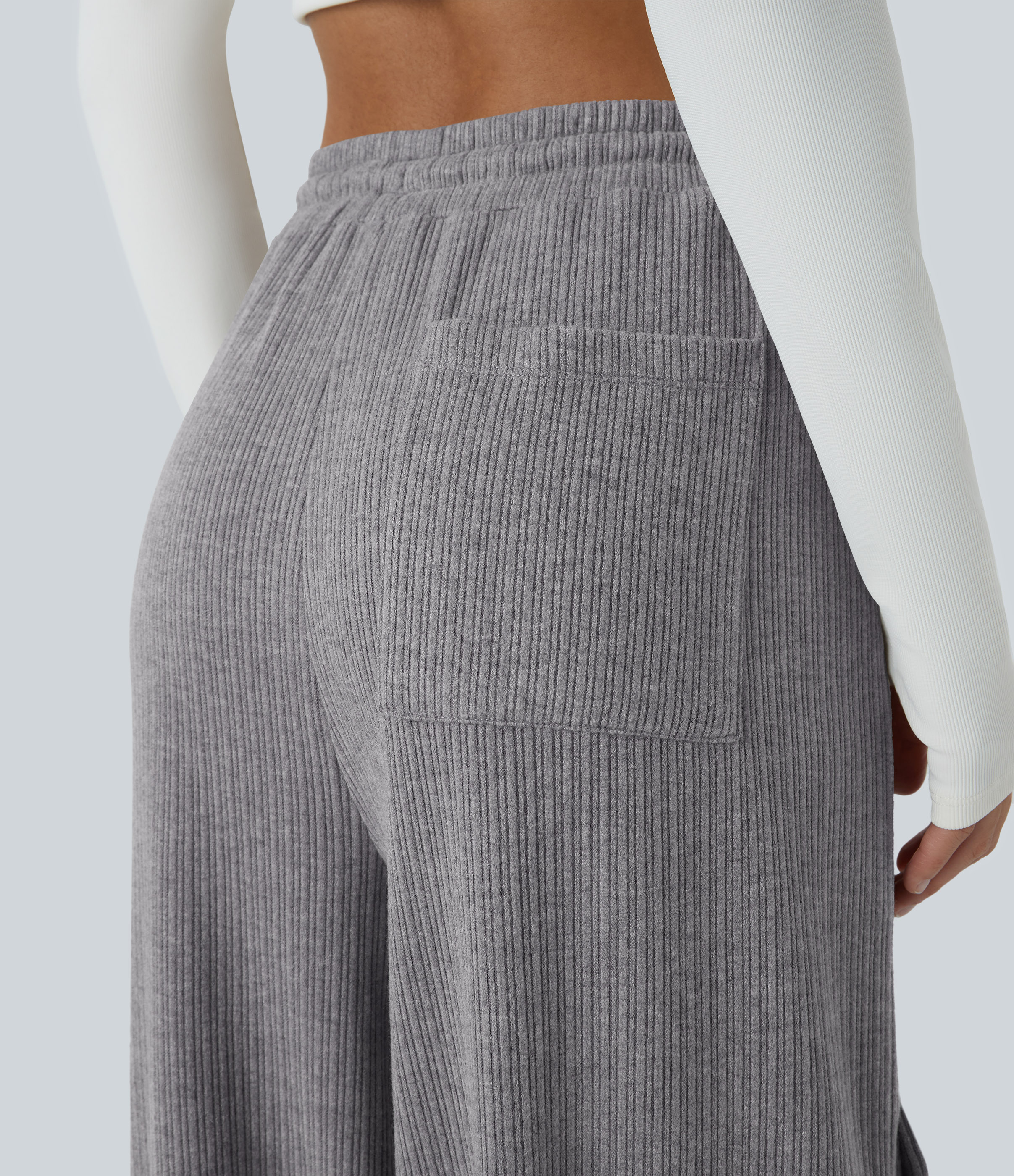 Halara Ribbed Mid Rise Drawstring Multiple Pockets Wide Leg Cargo Casual Pants  - Mockingbird - L(regular) sweatpants jogger pants 