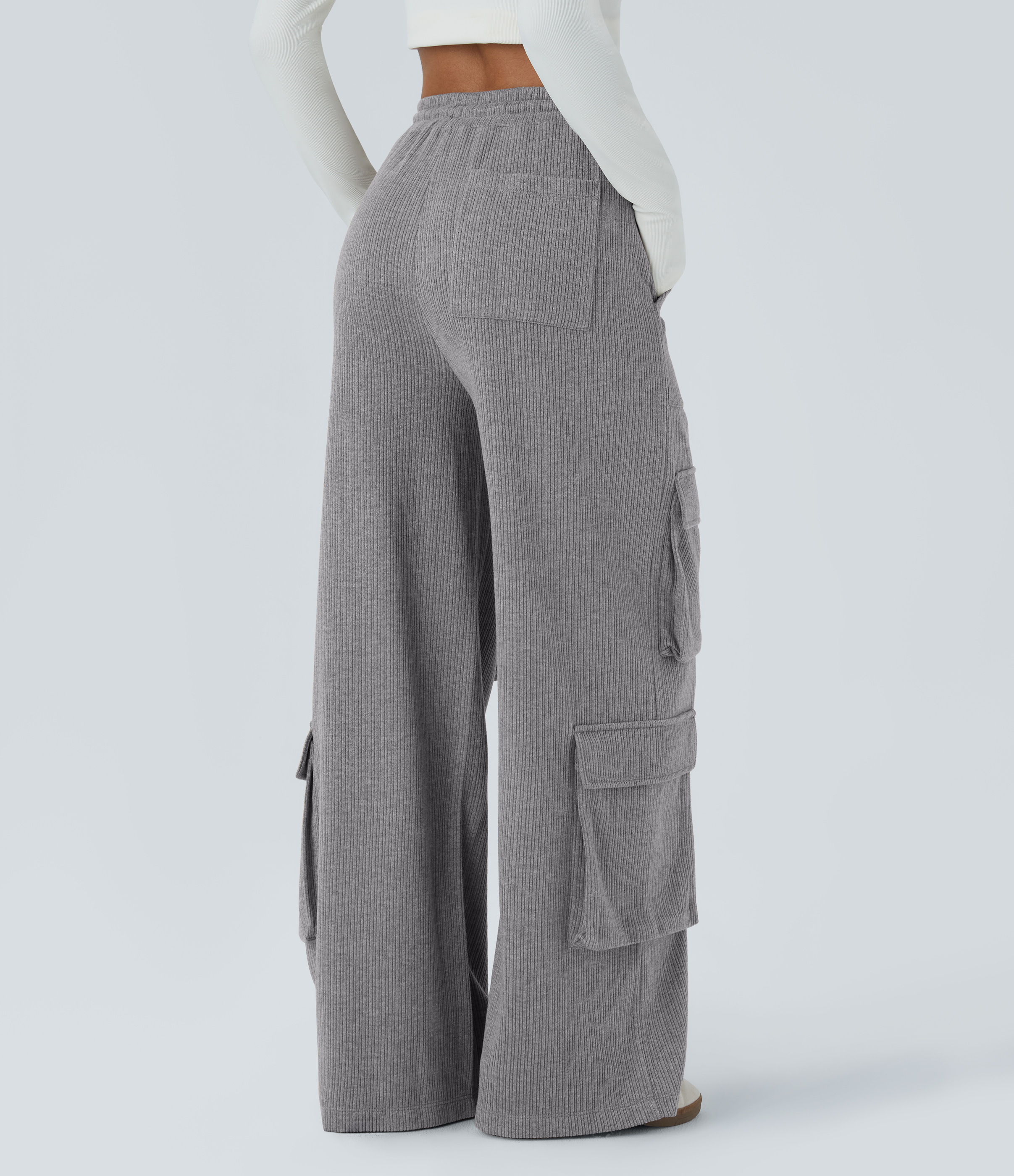 Halara Ribbed Mid Rise Drawstring Multiple Pockets Wide Leg Cargo Casual Pants  - Mockingbird - L(regular) sweatpants jogger pants 