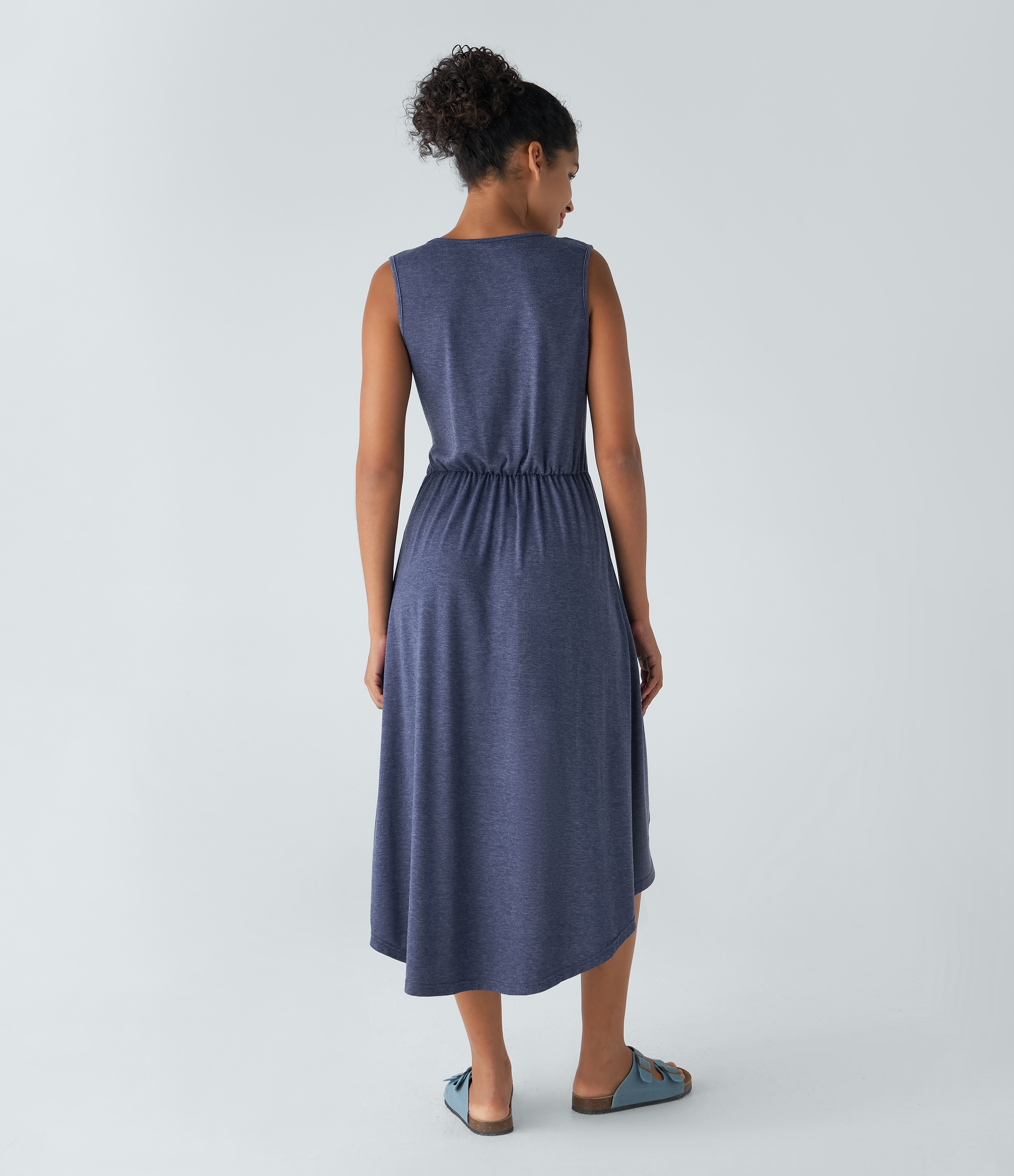 Halara Deep V Neck Sleeveless Plicated High Low Crossover Hem Flowy Midi Casual Dress Casual Dress - Mottled Indigo - M slip dress 