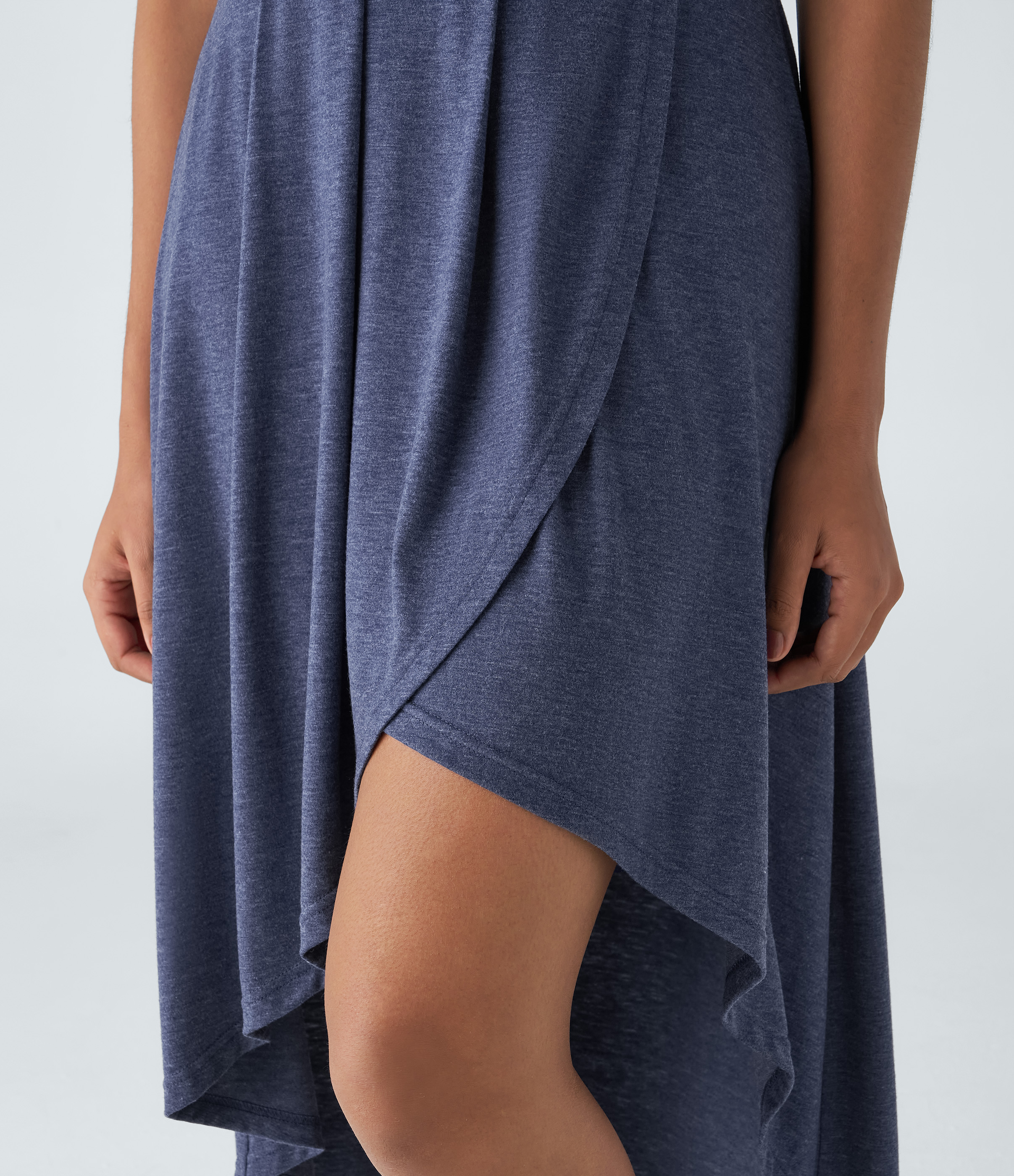 Halara Deep V Neck Sleeveless Plicated High Low Crossover Hem Flowy Midi Casual Dress Casual Dress - Mottled Indigo - M slip dress 