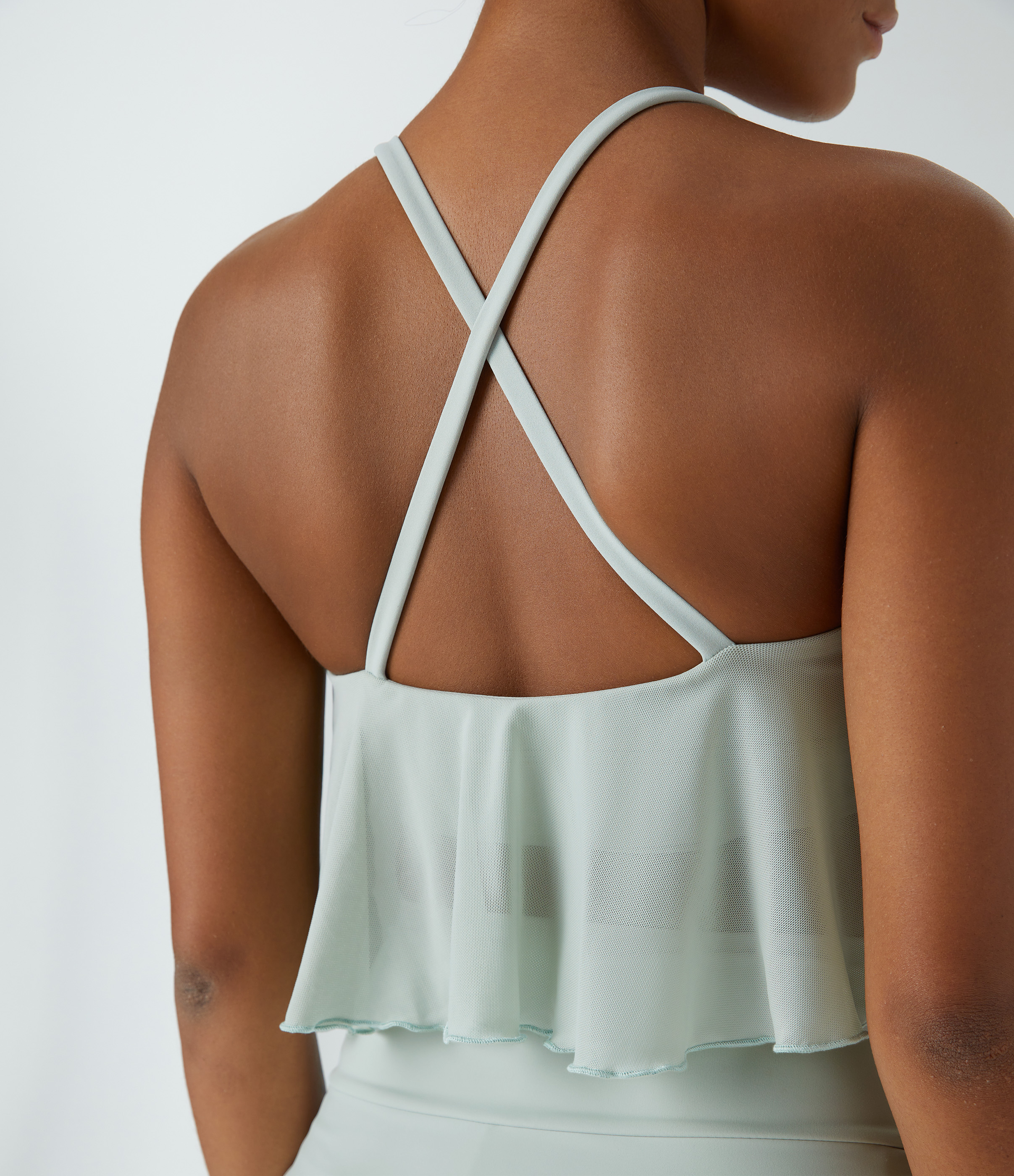 Halara Crisscross Backless Contrast Mesh Cropped Yoga Cami Top Tank Top - Spa Blue - S golf tops halter top tunic tops sleeveless tops 