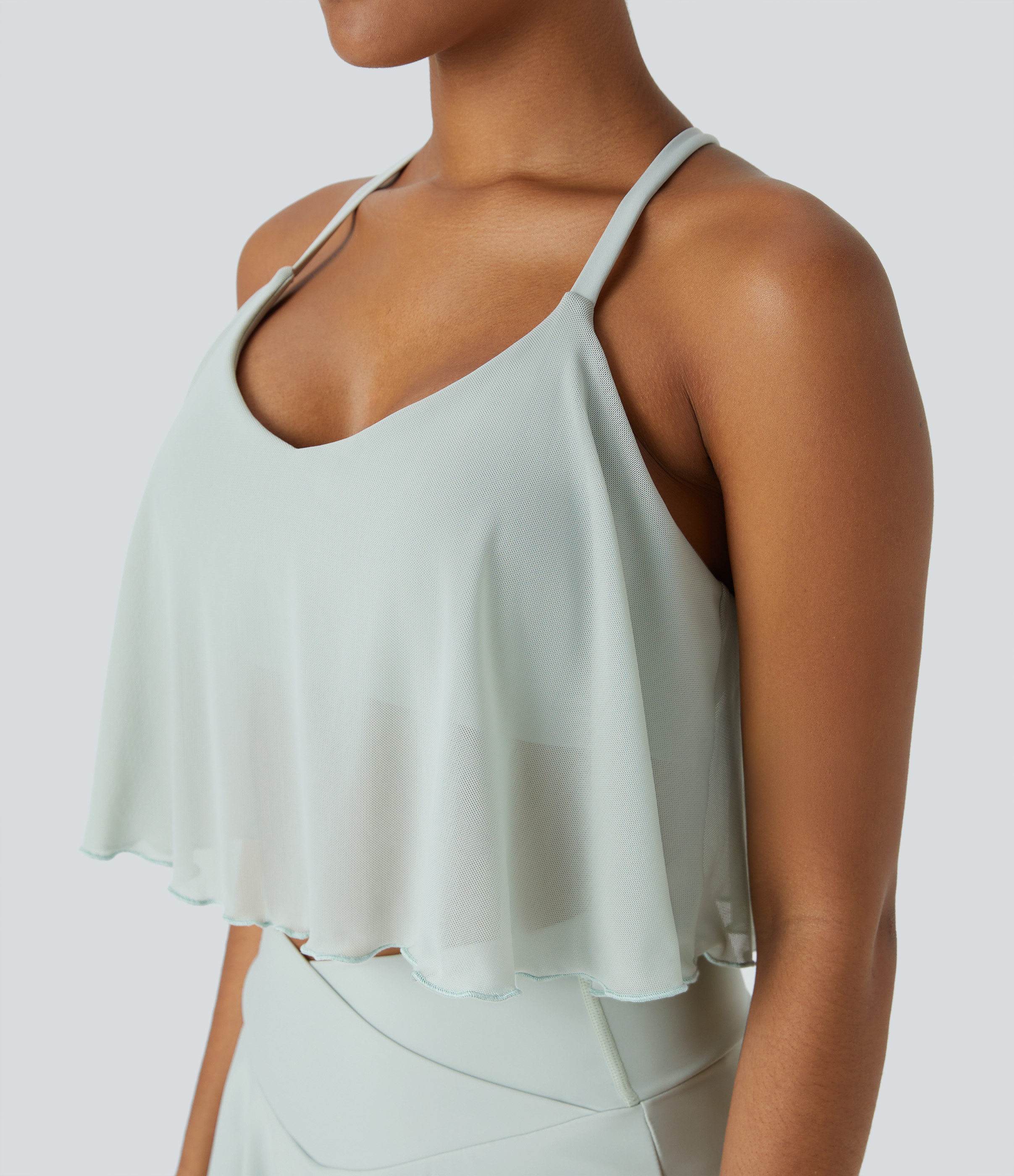 Halara Crisscross Backless Contrast Mesh Cropped Yoga Cami Top Tank Top - Spa Blue - S golf tops halter top tunic tops sleeveless tops 