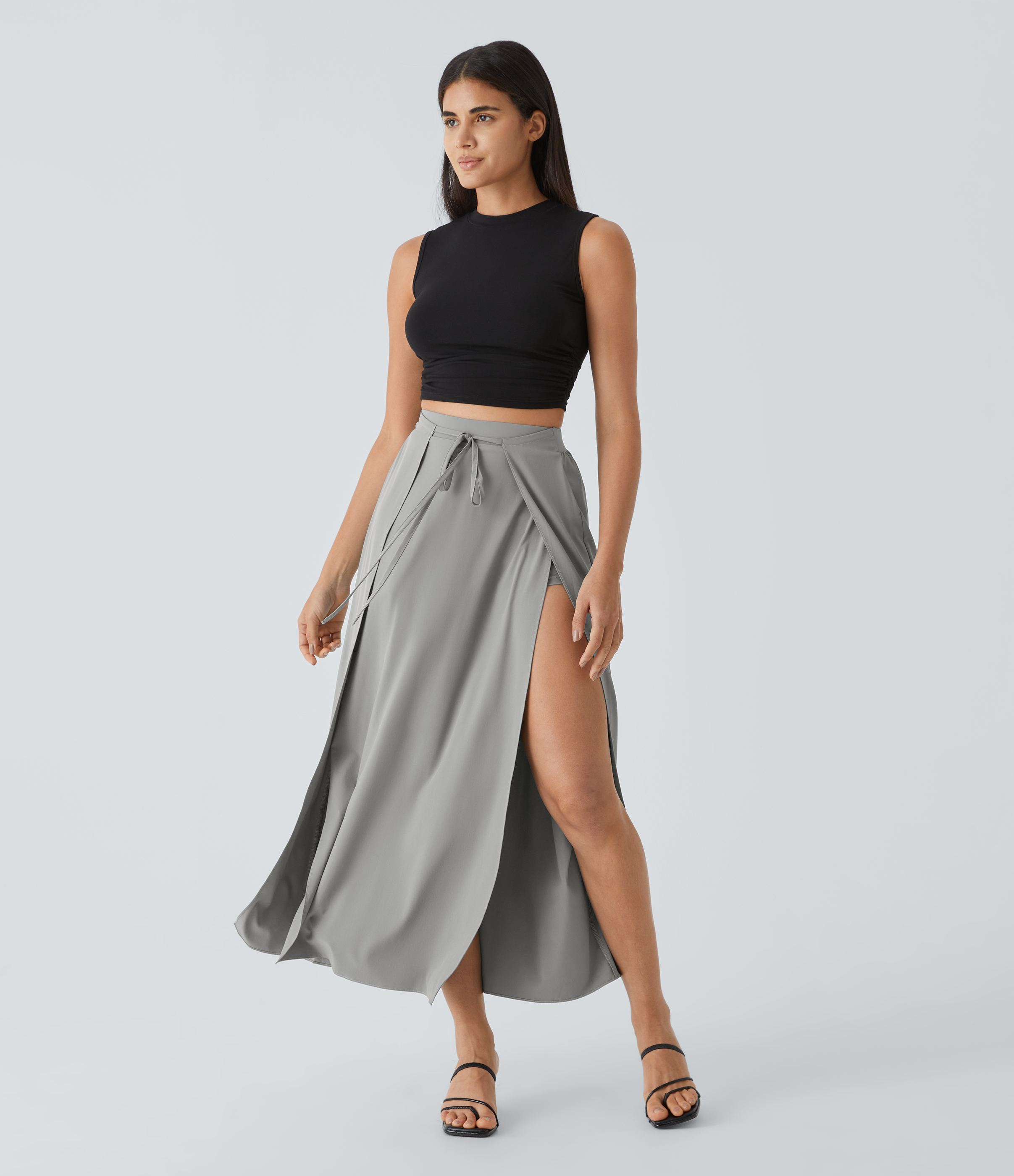 Halara Breezefulв„ў High Waisted Tie Front Plicated Split Flowy 2-in-1 Maxi Quick Dry Casual Skirt  - Ghost Gray - M(regular) 