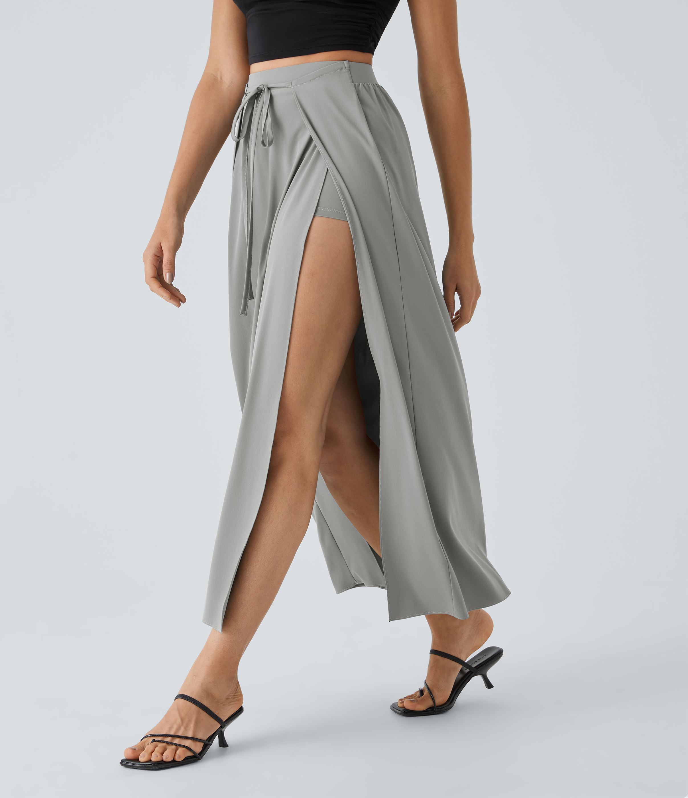 Halara Breezefulв„ў High Waisted Tie Front Plicated Split Flowy 2-in-1 Maxi Quick Dry Casual Skirt  - Ghost Gray - M(regular) 