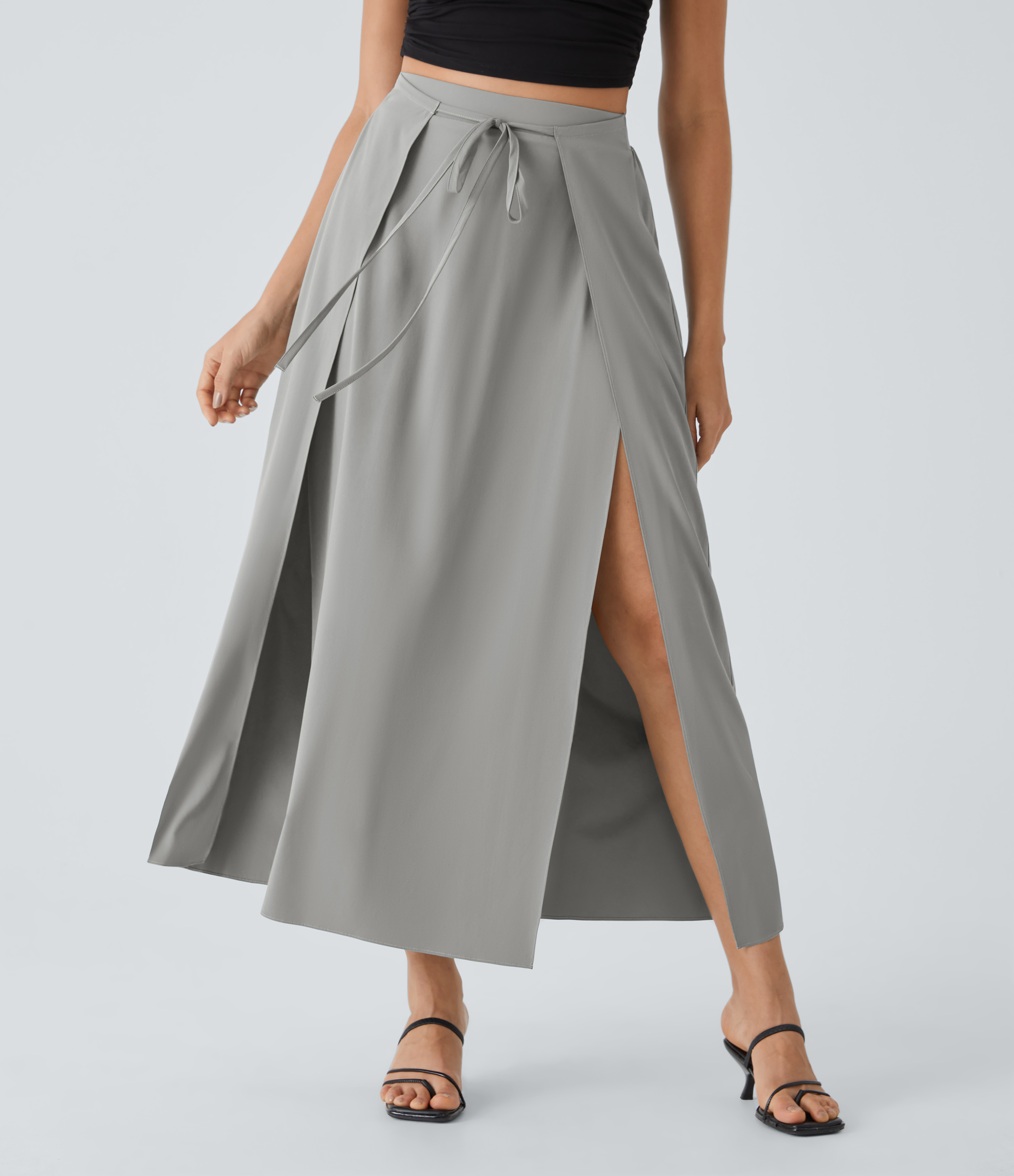 Halara Breezefulв„ў High Waisted Tie Front Plicated Split Flowy 2-in-1 Maxi Quick Dry Casual Skirt  - Ghost Gray - M(regular) 
