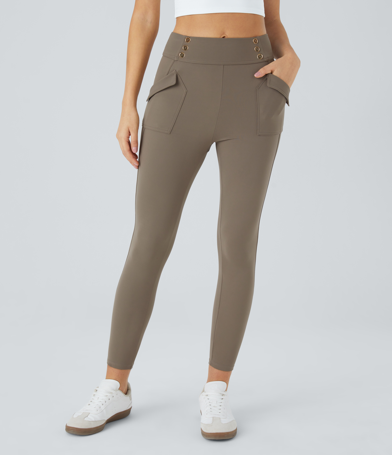 Halara High Waisted Tummy Control Decorative Button Side Pocket Yoga 7/8 Leggings  - Hay Brown - XS gym leggings leggings with pockets 