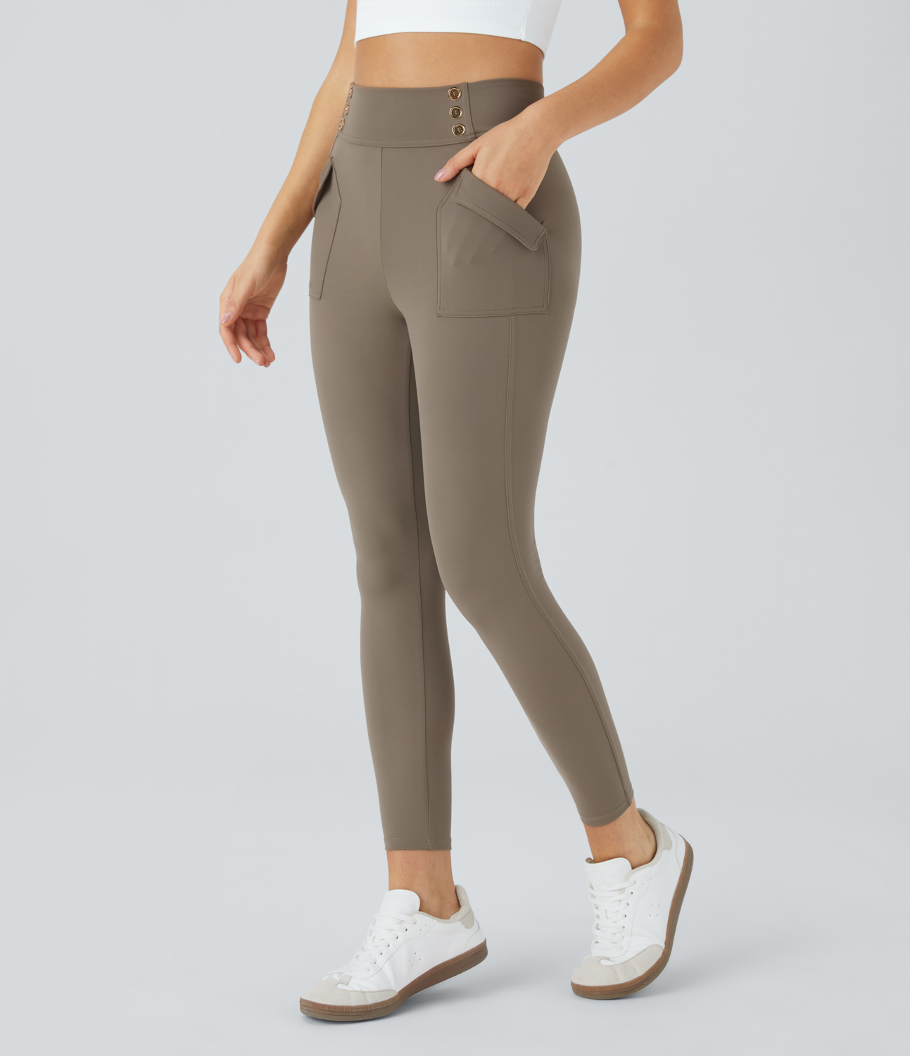 Halara High Waisted Tummy Control Decorative Button Side Pocket Yoga 7/8 Leggings  - Hay Brown - XS gym leggings leggings with pockets 