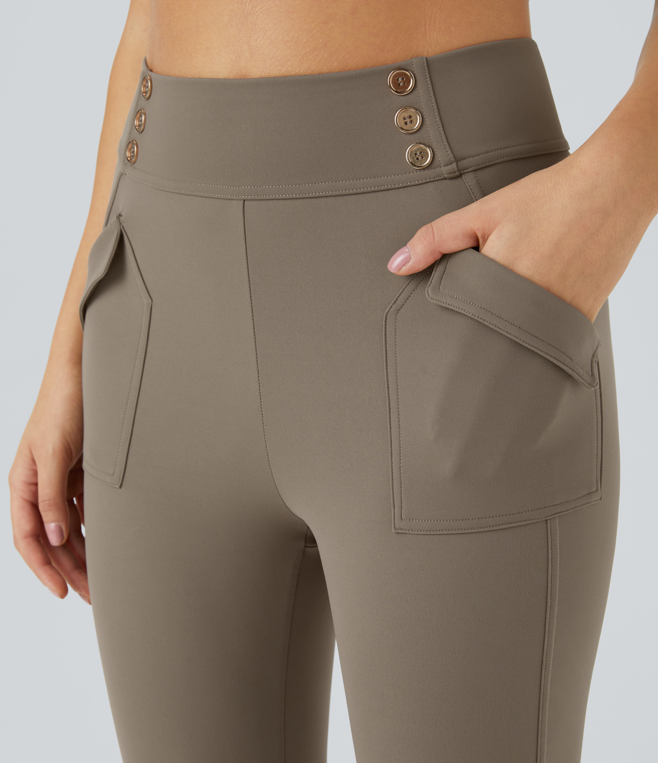 Halara High Waisted Tummy Control Decorative Button Side Pocket Yoga 7/8 Leggings  - Hay Brown - XS gym leggings leggings with pockets 