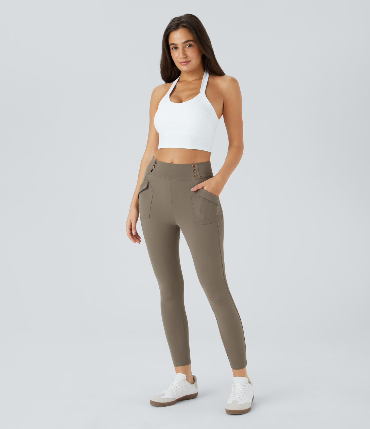 Halara High Waisted Tummy Control Decorative Button Side Pocket Yoga 7/8 Leggings  - Hay Brown - XS gym leggings leggings with pockets 