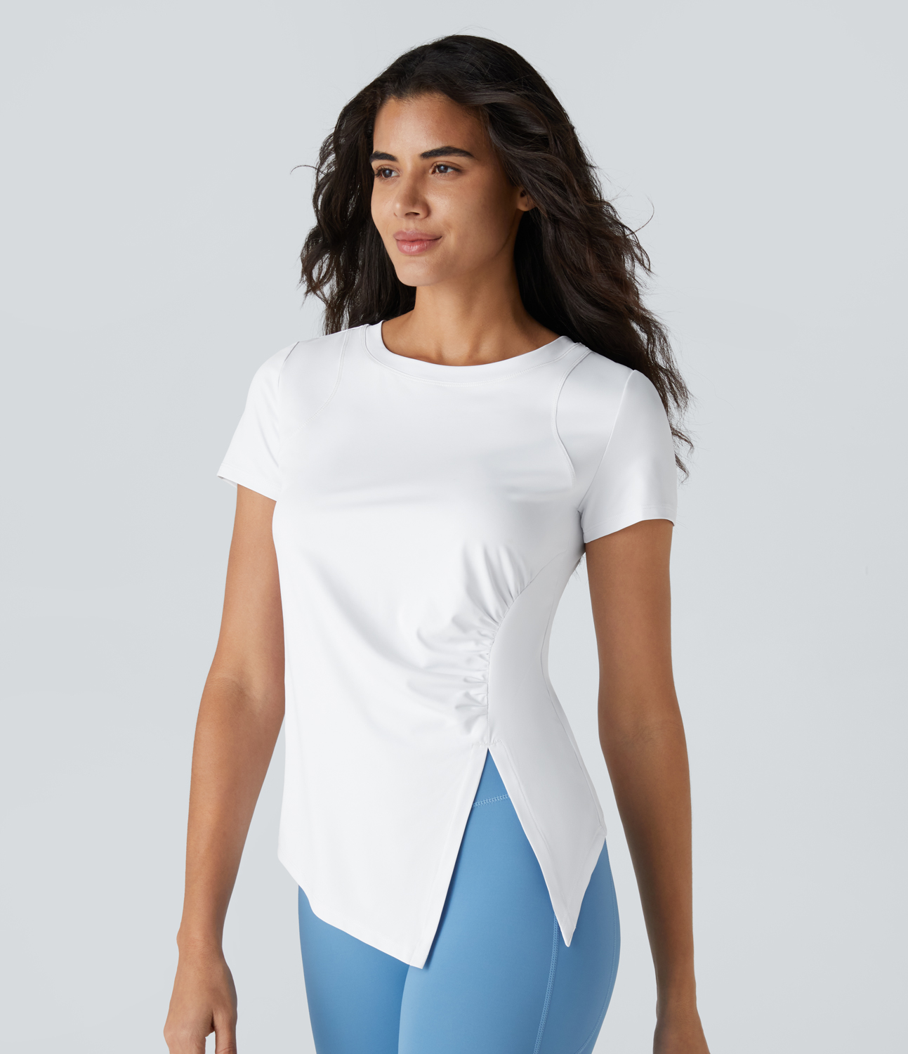 Halara Ruched Asymmetric Split High Low Yoga Sports Top  - White - XS 
