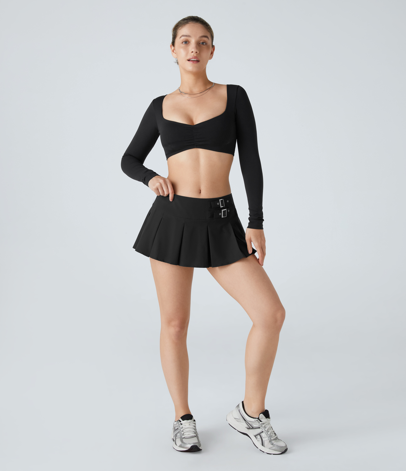 Halara Low Rise Invisible Zipper Decorative Buckle 2-in-1 Side Pocket Pleated Micro Mini Dance Skirt  - Black - M(regular) 