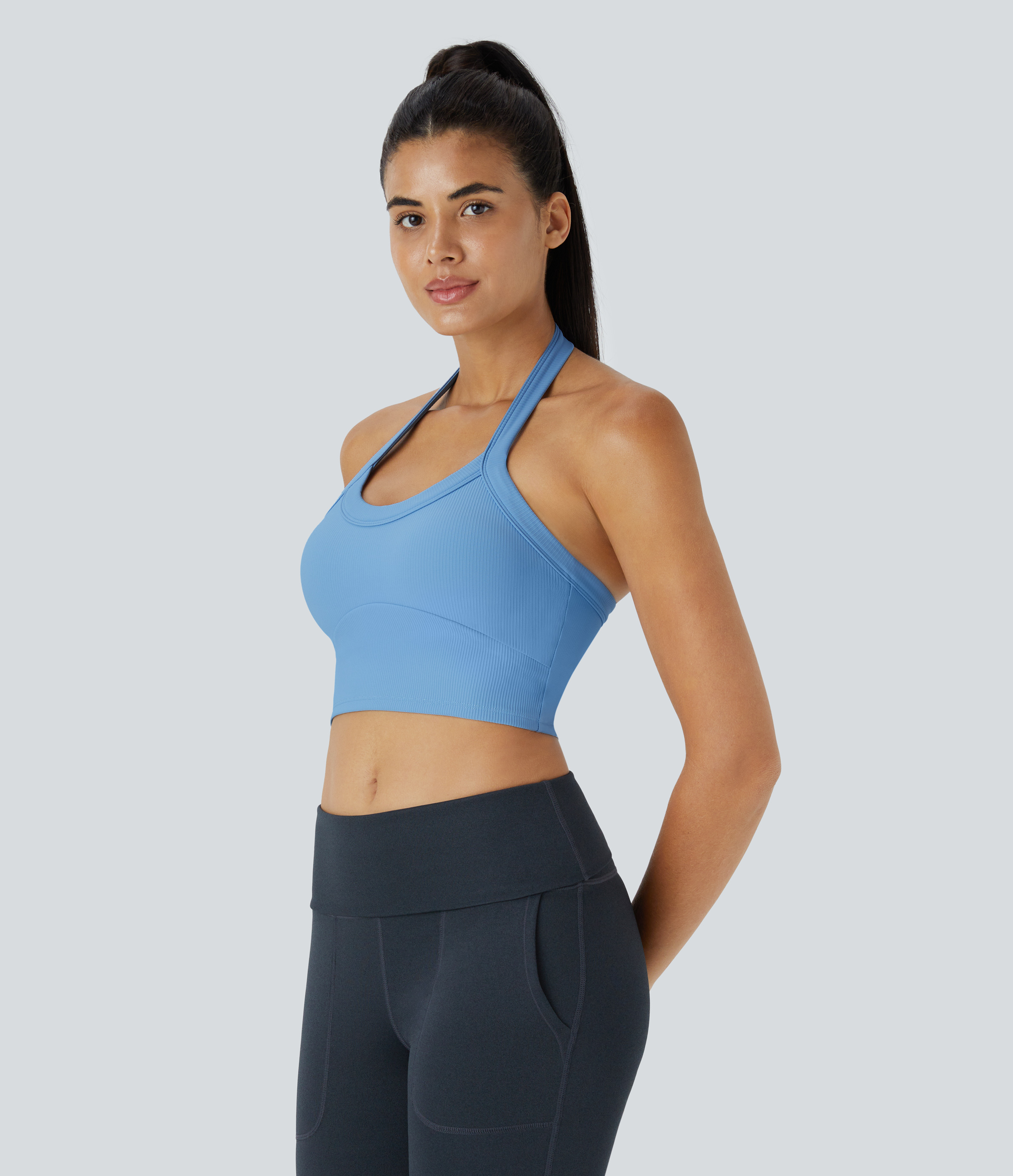 Halara Low Support Halter Backless Solid Yoga Sports Bra  - Bright  Blue - M push up bra strapless bra backless bra sticky bra wireless bra 