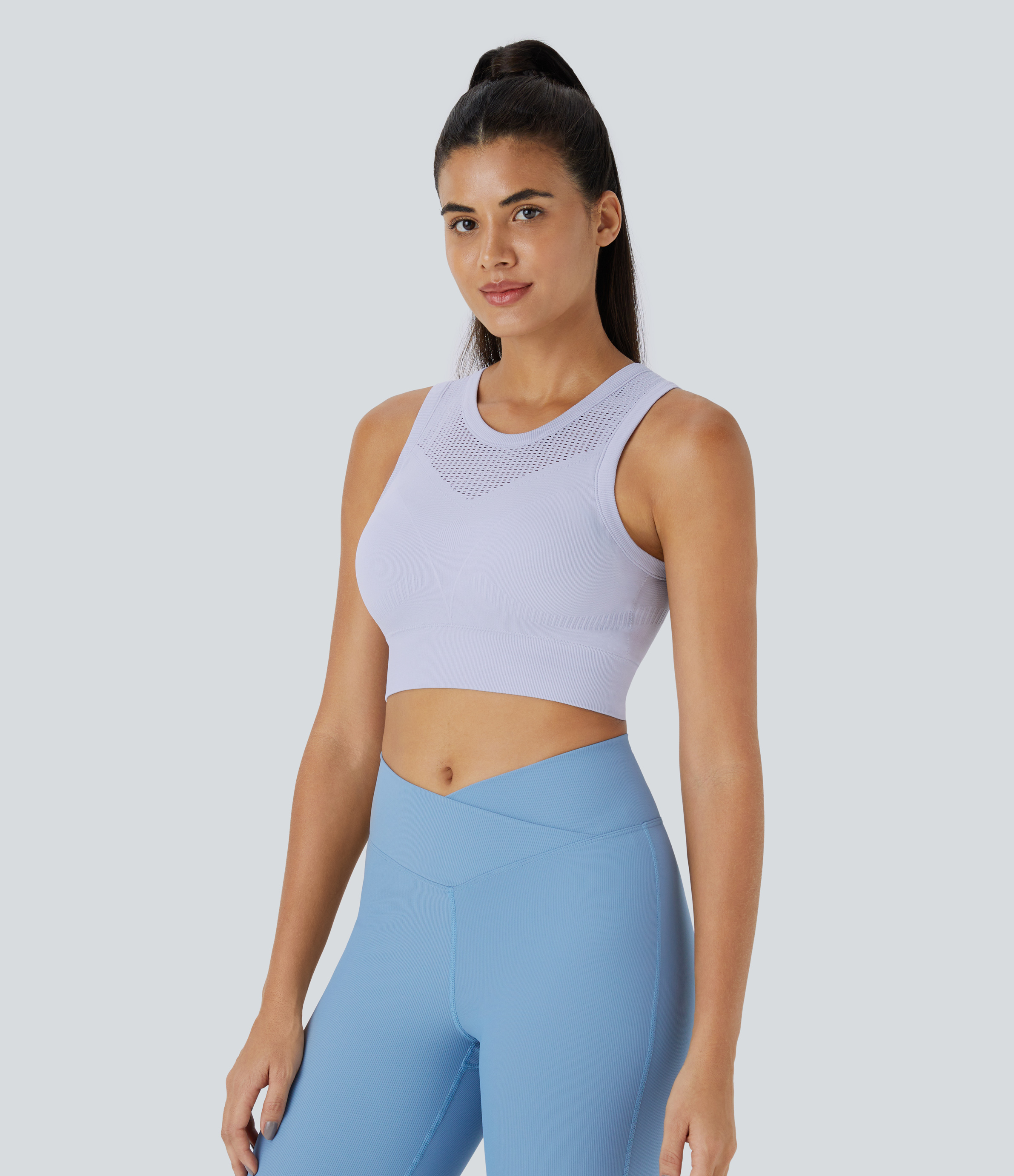 Halara Seamless Flow Medium Support Mesh Workout Sports Bra  - Wisteria - XS push up bra strapless bra backless bra sticky bra wireless bra 