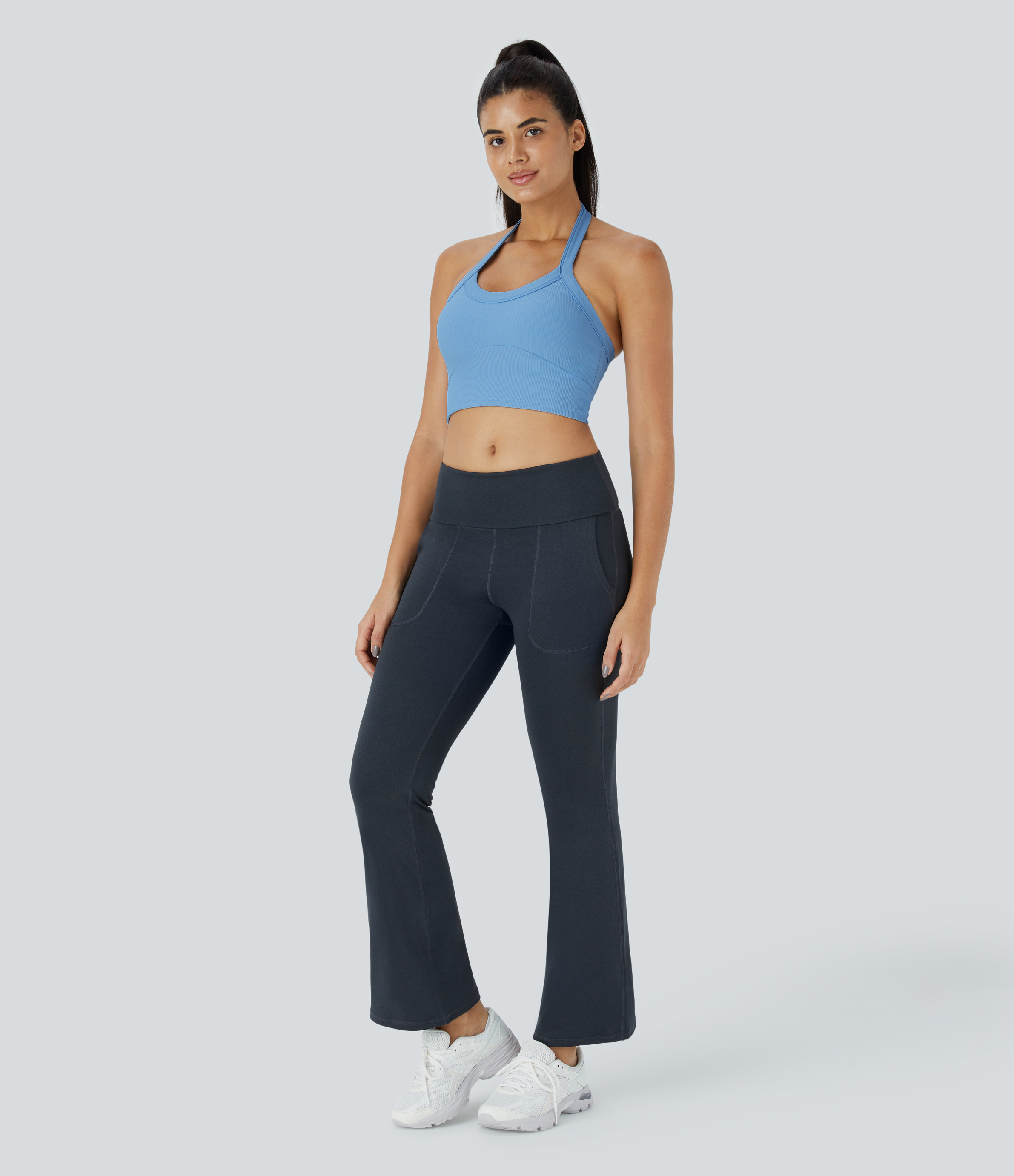 Halara Low Support Halter Backless Solid Yoga Sports Bra  - Bright  Blue - M push up bra strapless bra backless bra sticky bra wireless bra 