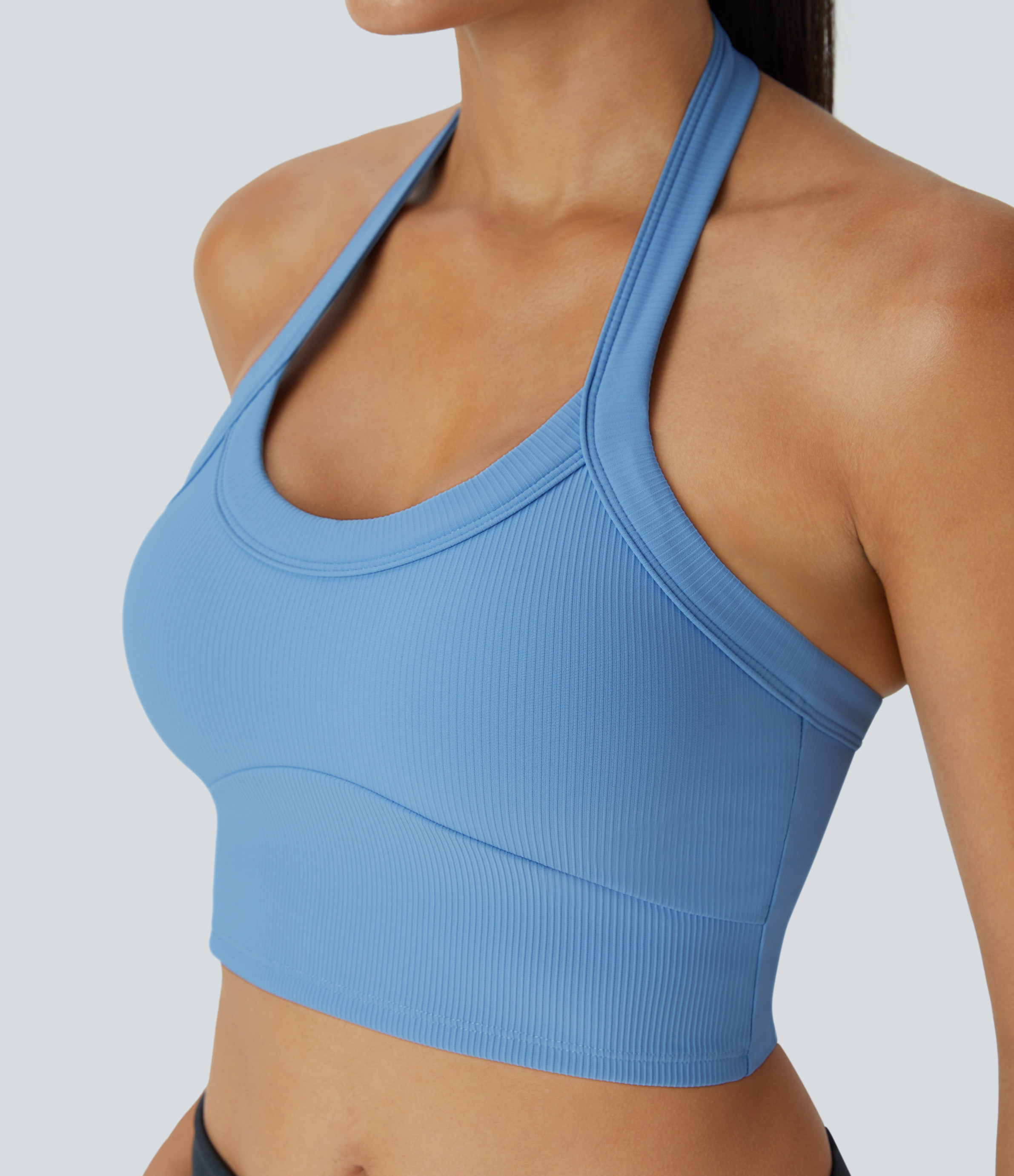 Halara Low Support Halter Backless Solid Yoga Sports Bra  - Bright  Blue - M push up bra strapless bra backless bra sticky bra wireless bra 