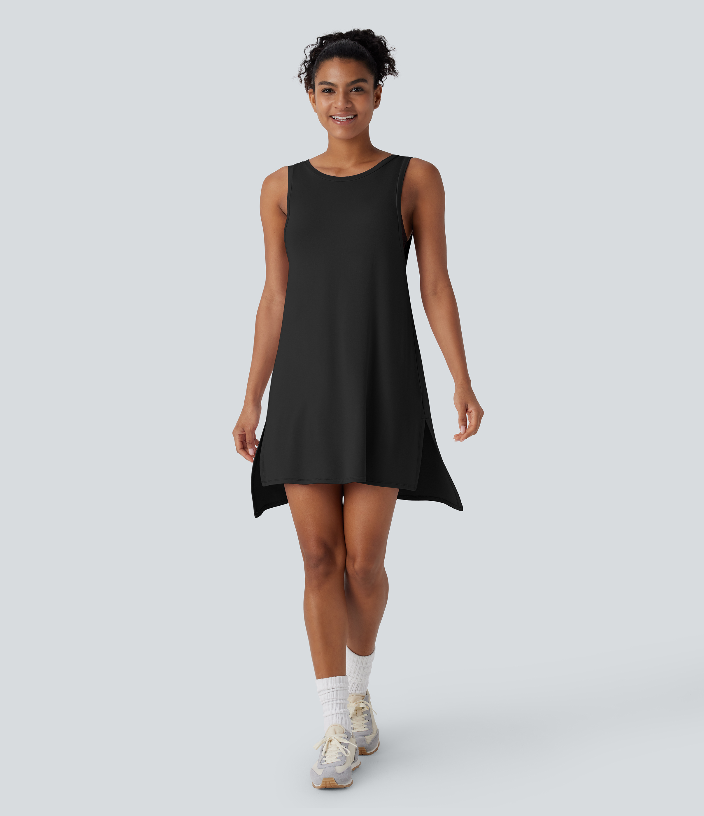 Halara Backless Split Mini Casual Tank Dress Casual Dress - Black - XS slip dress beach dress ruched dress halter dress exercise dress 